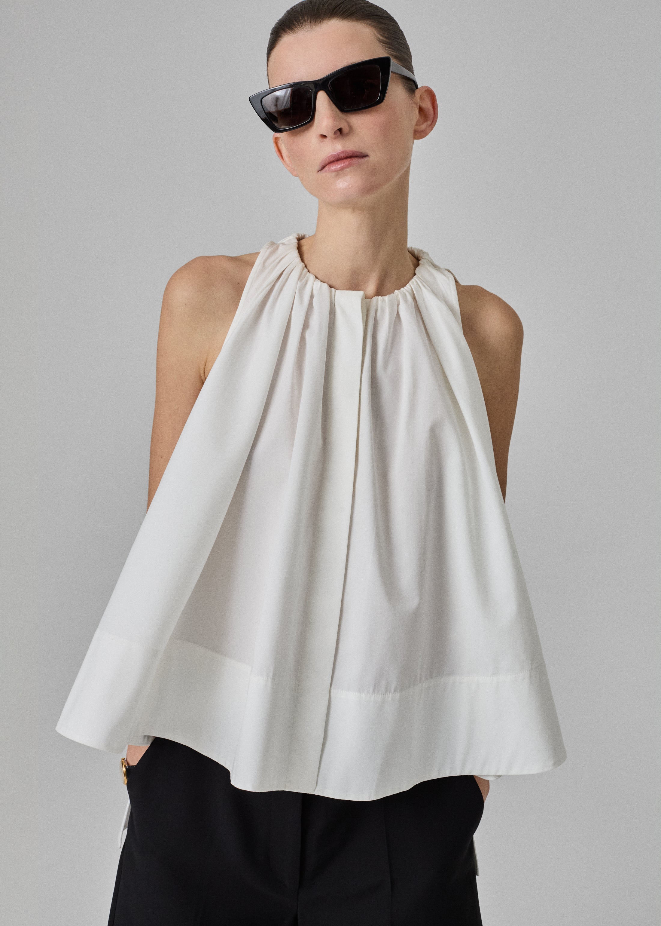 Gathered Tunic Shirt in Cotton Poplin - Optic White