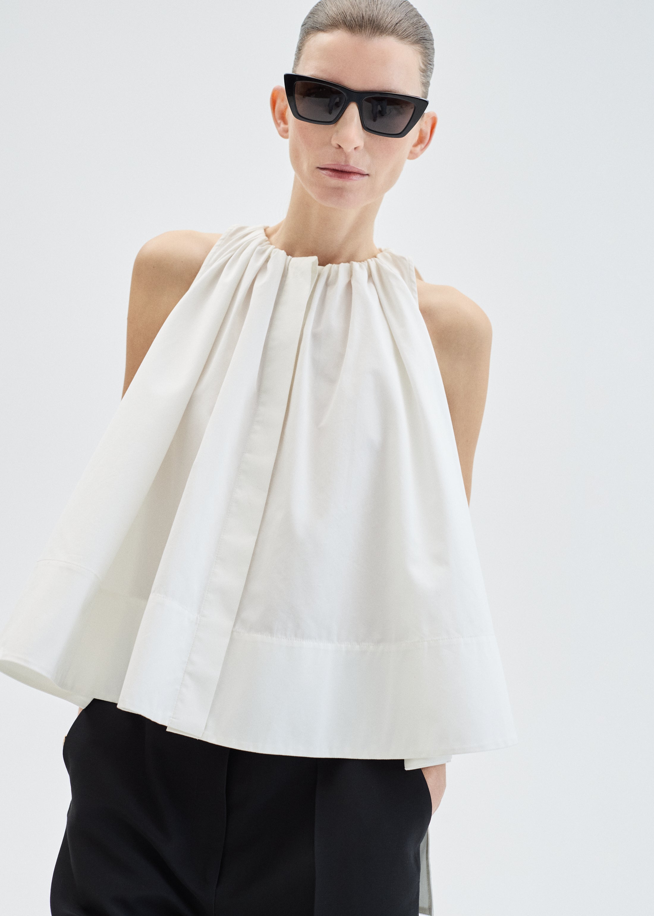 Gathered Tunic Shirt in Cotton Poplin - Optic White