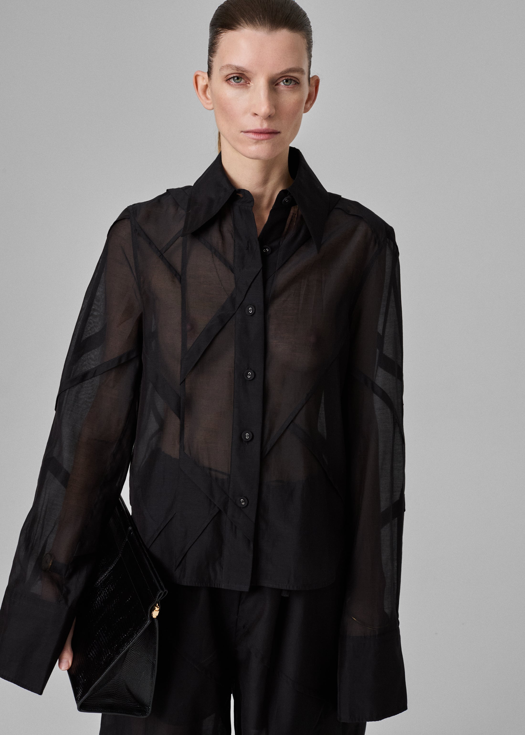 Sheer Blouse in Cotton Silk Voile  -  Black