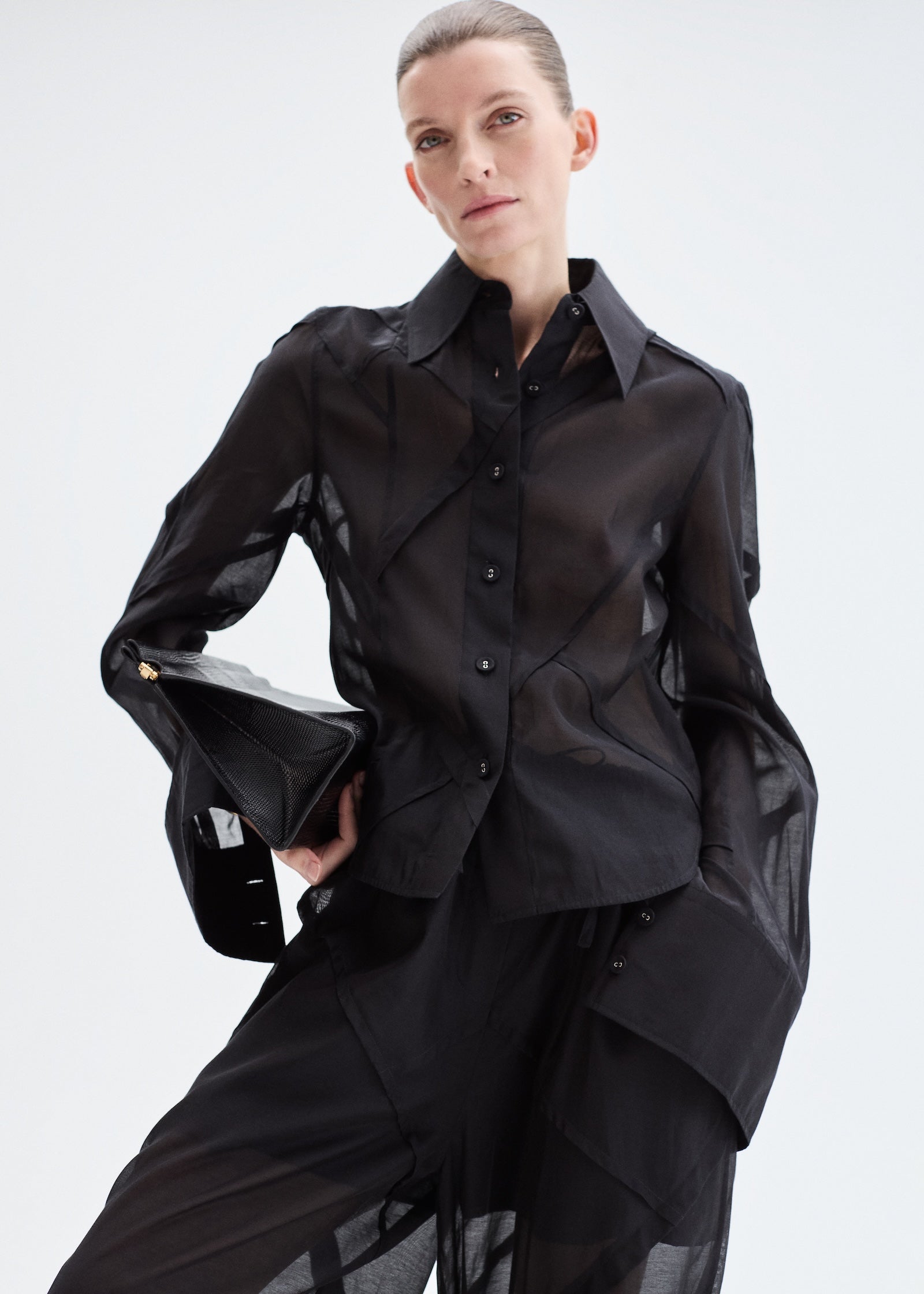 Sheer Blouse in Cotton Silk Voile  -  Black