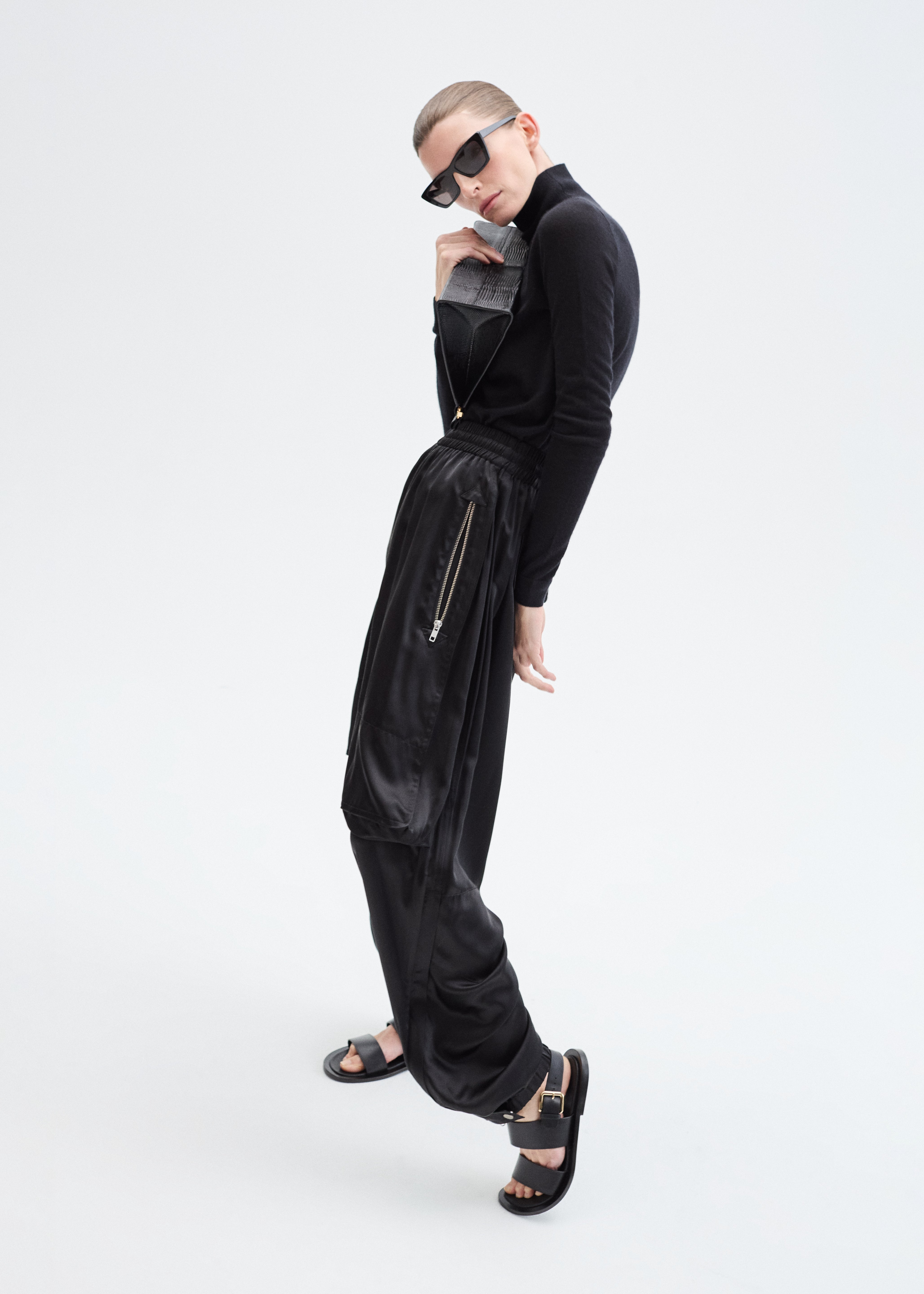 Articulated Vent Pant  in Silk Charmeuse - Black