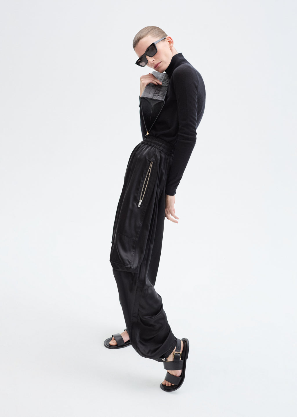 Articulated Vent Pant  in Silk Charmeuse - Black - CO