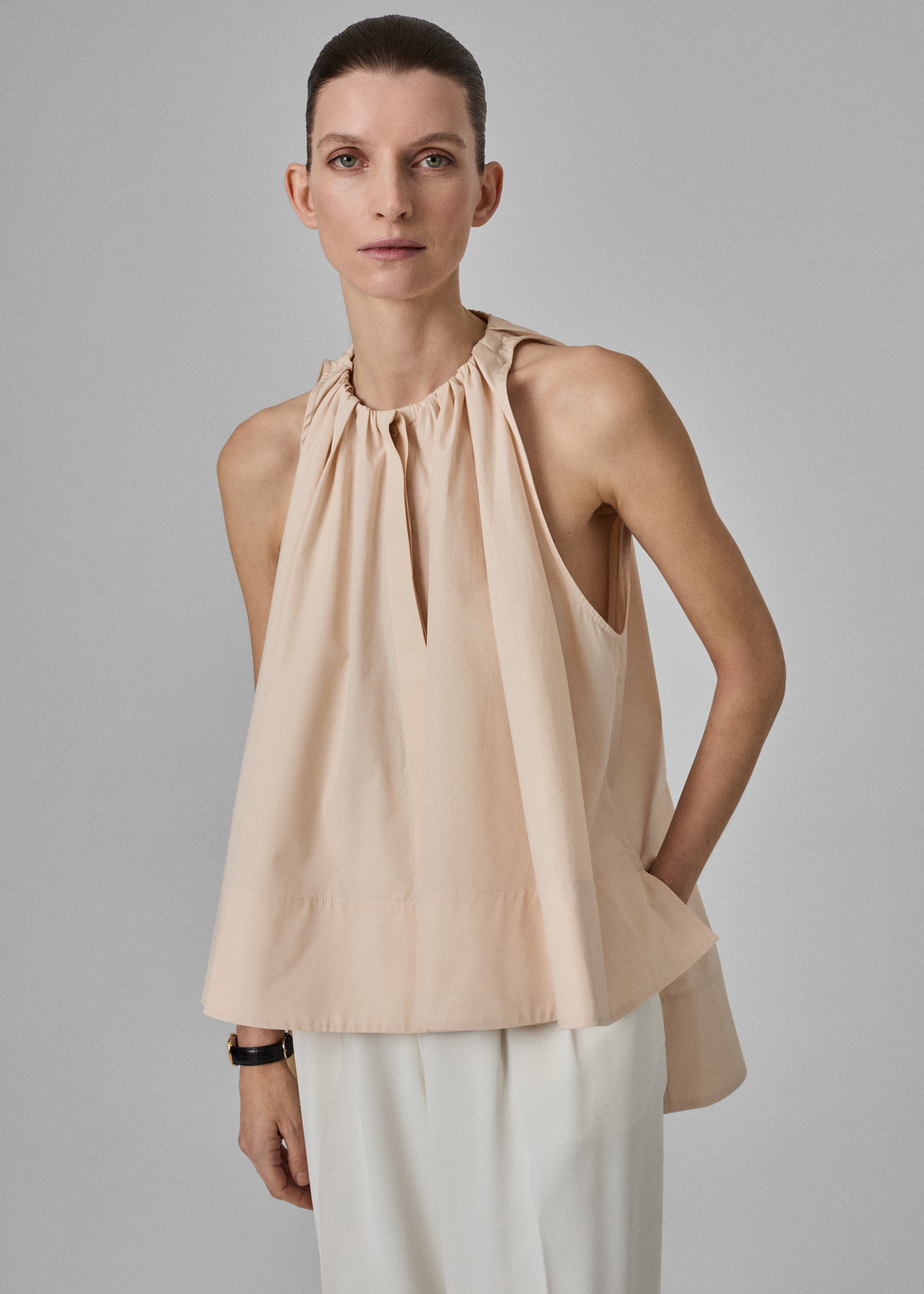 Gathered Tunic Shirt in Cotton Poplin - Pink