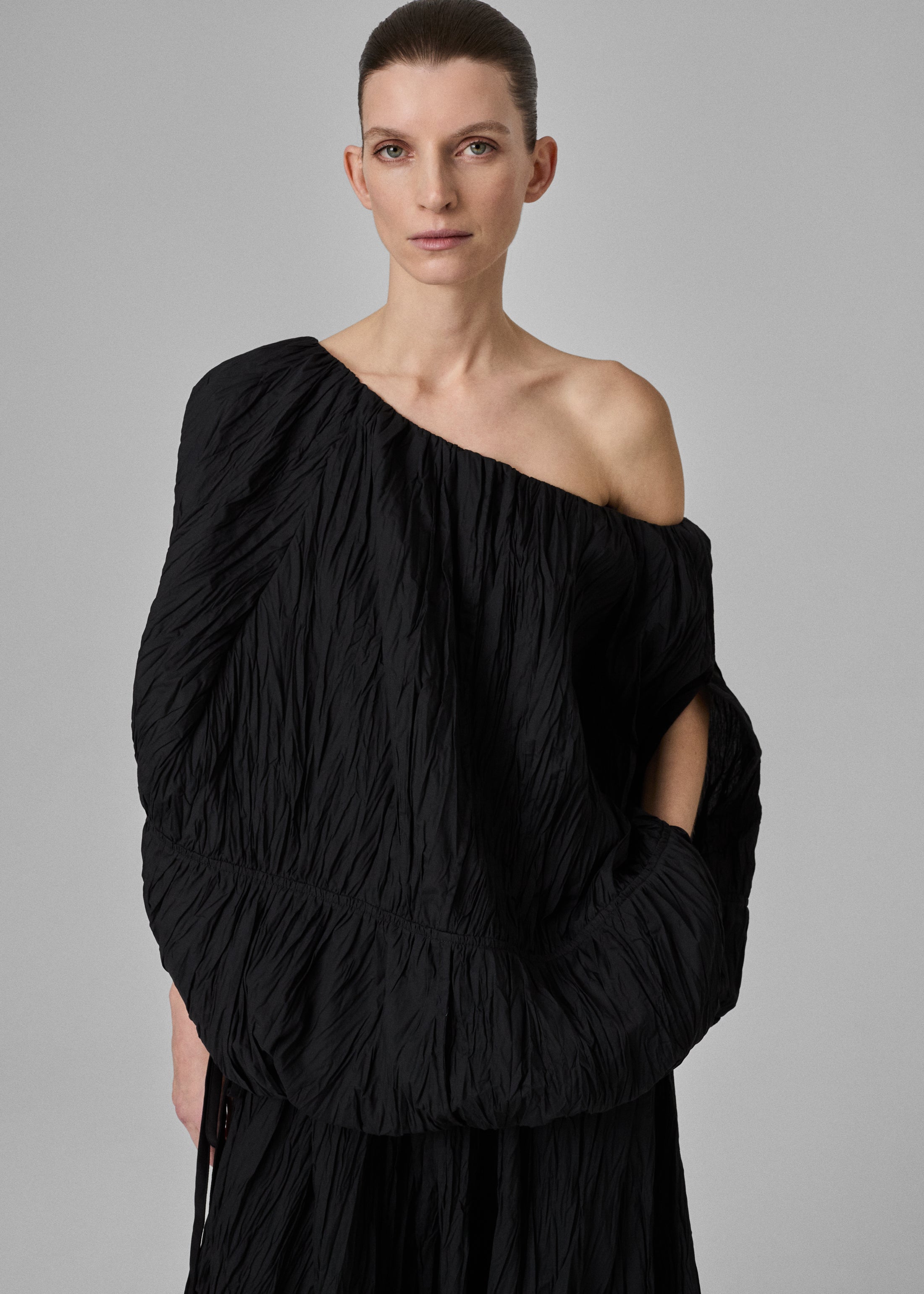 Tulip Off-Shoulder Plissé Top - Black