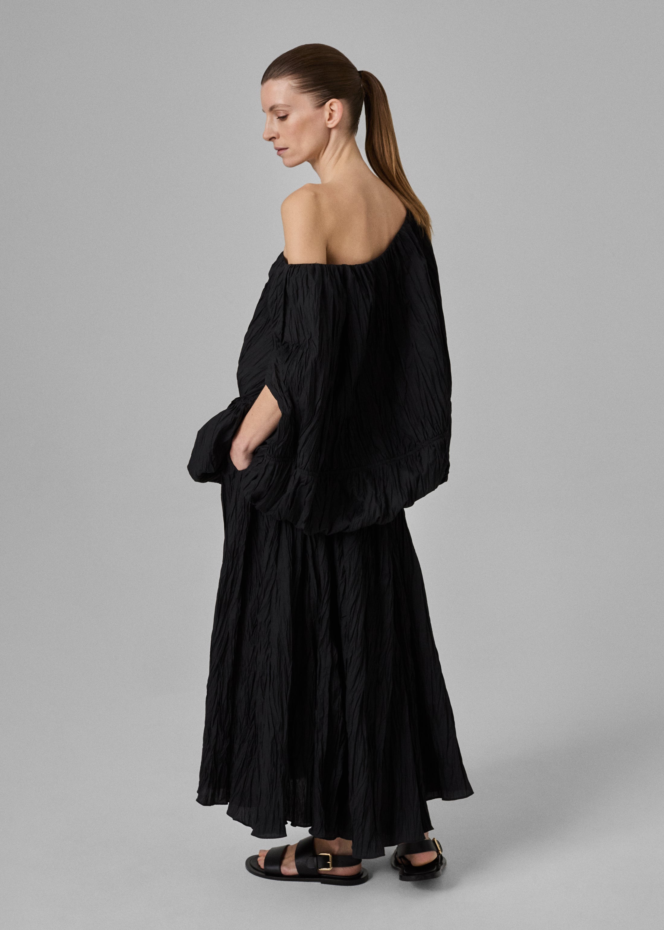 Tulip Off-Shoulder Plissé Top - Black