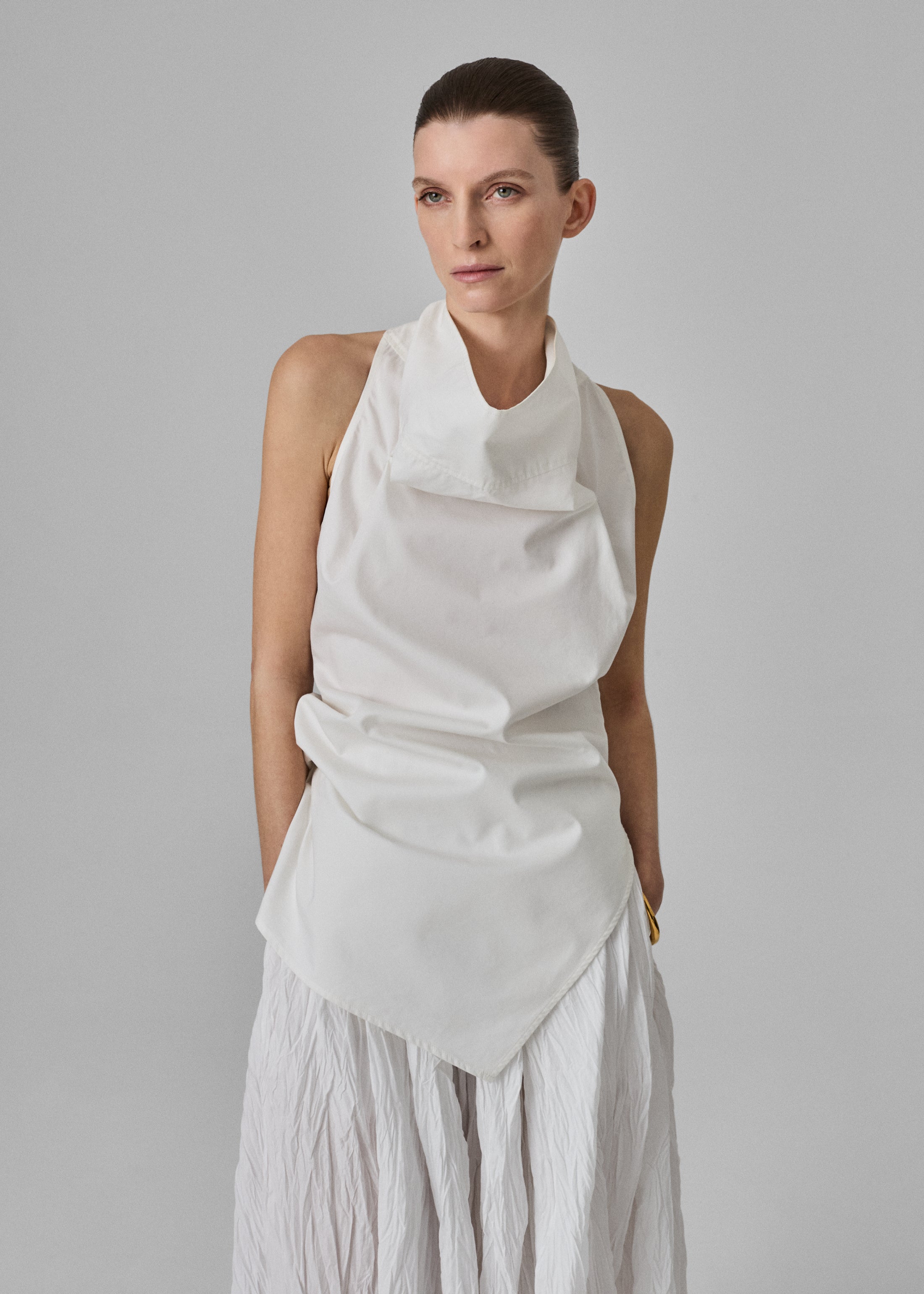 High Cowl Neck Top in Cotton Poplin - Optic White