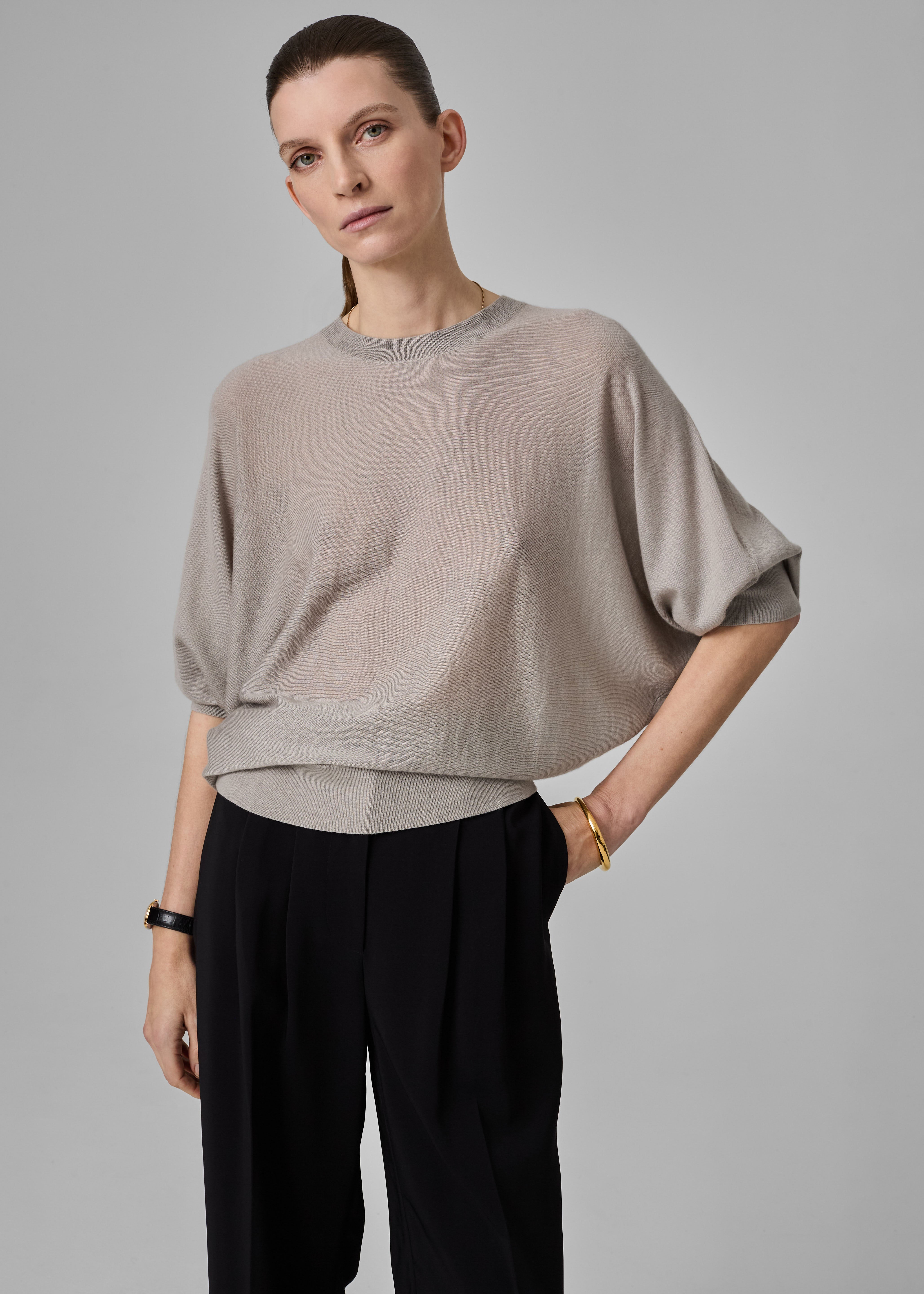 Draped Knit Top in Fine Cashmere  - Stone