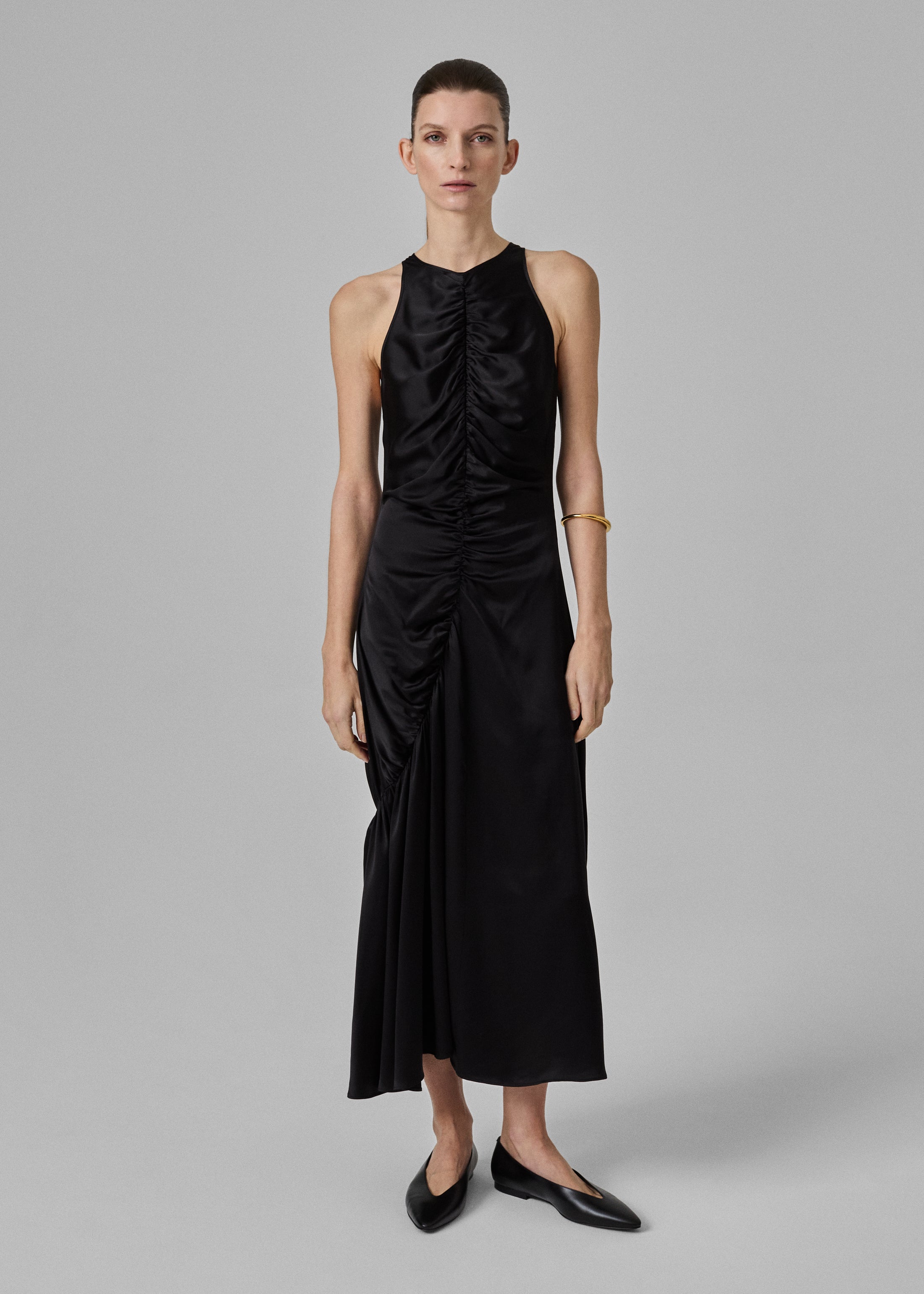 Liquid Gathered Tank Dress in Silk Charmeuse- Black