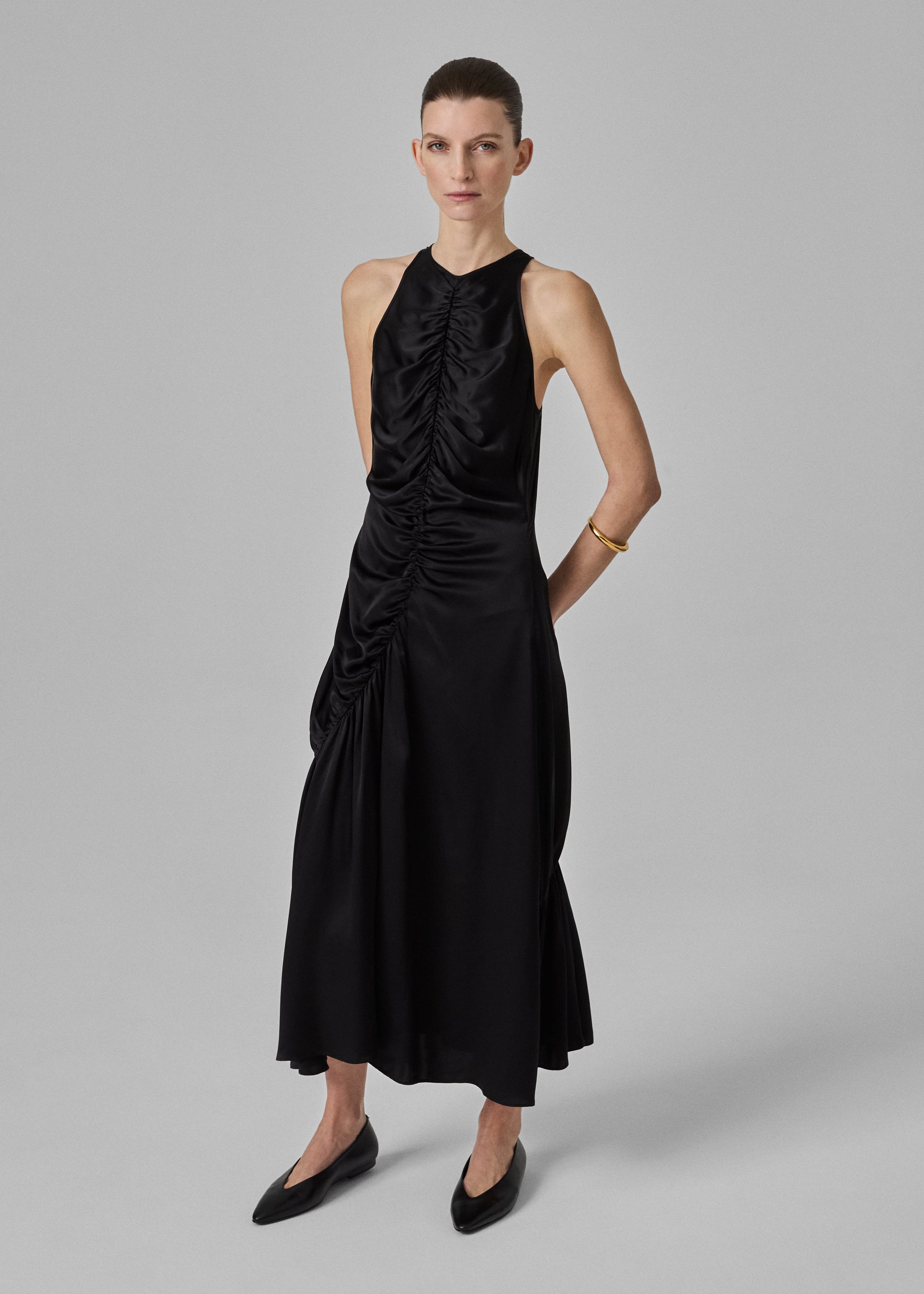 Liquid Gathered Tank Dress in Silk Charmeuse- Black