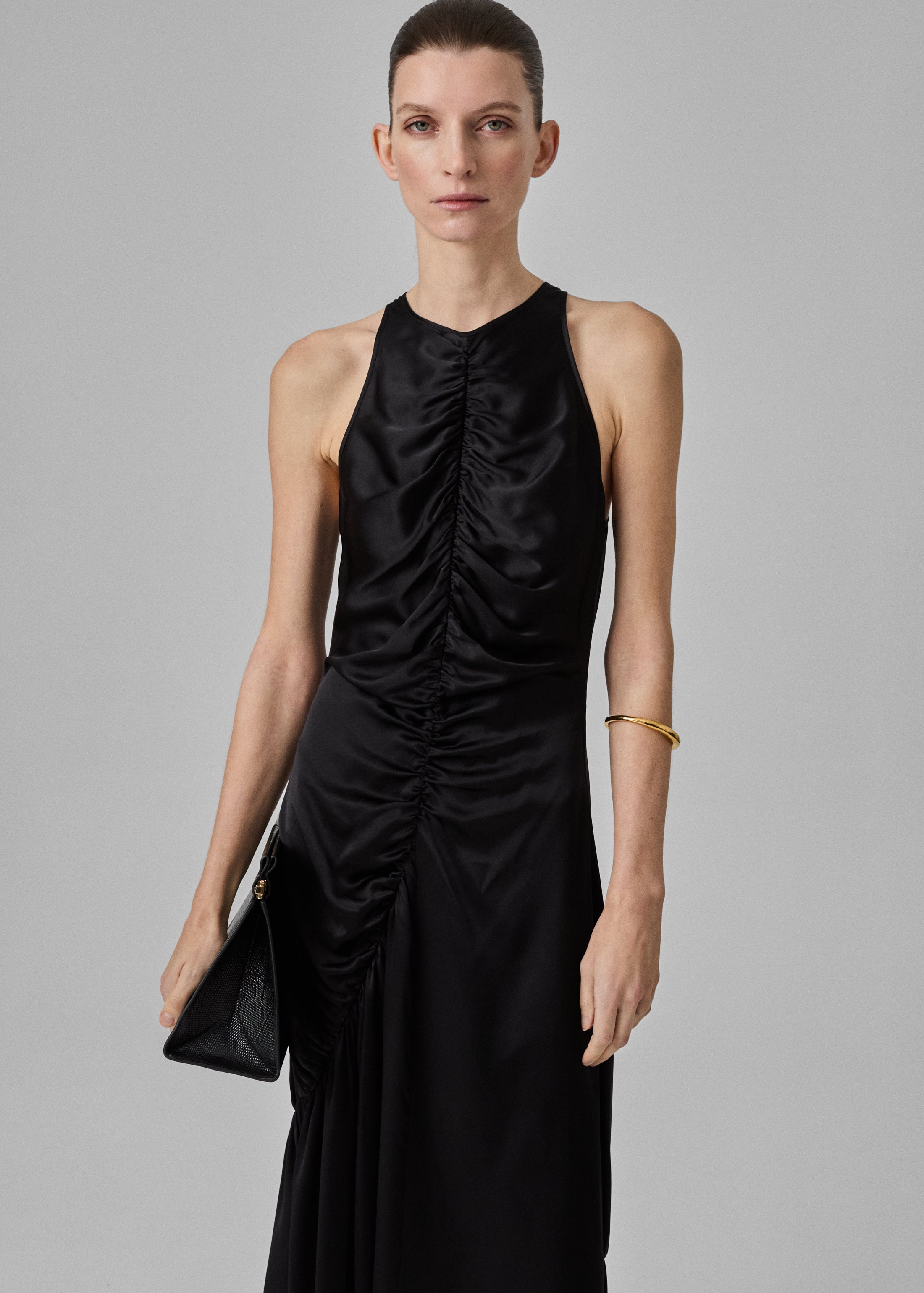 Liquid Gathered Tank Dress in Silk Charmeuse- Black