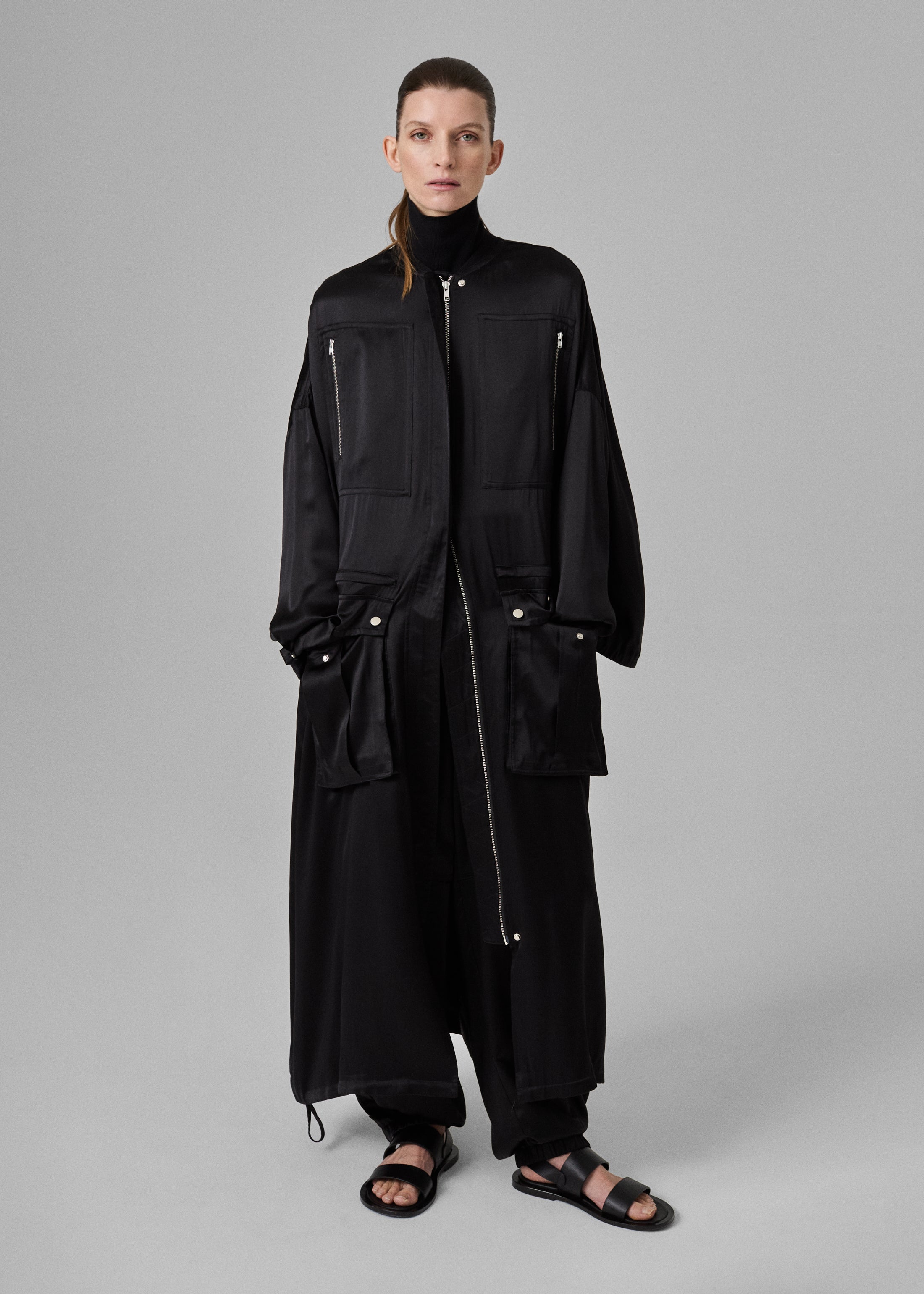 Utility Dust Coat in Silk Charmeuse - Black