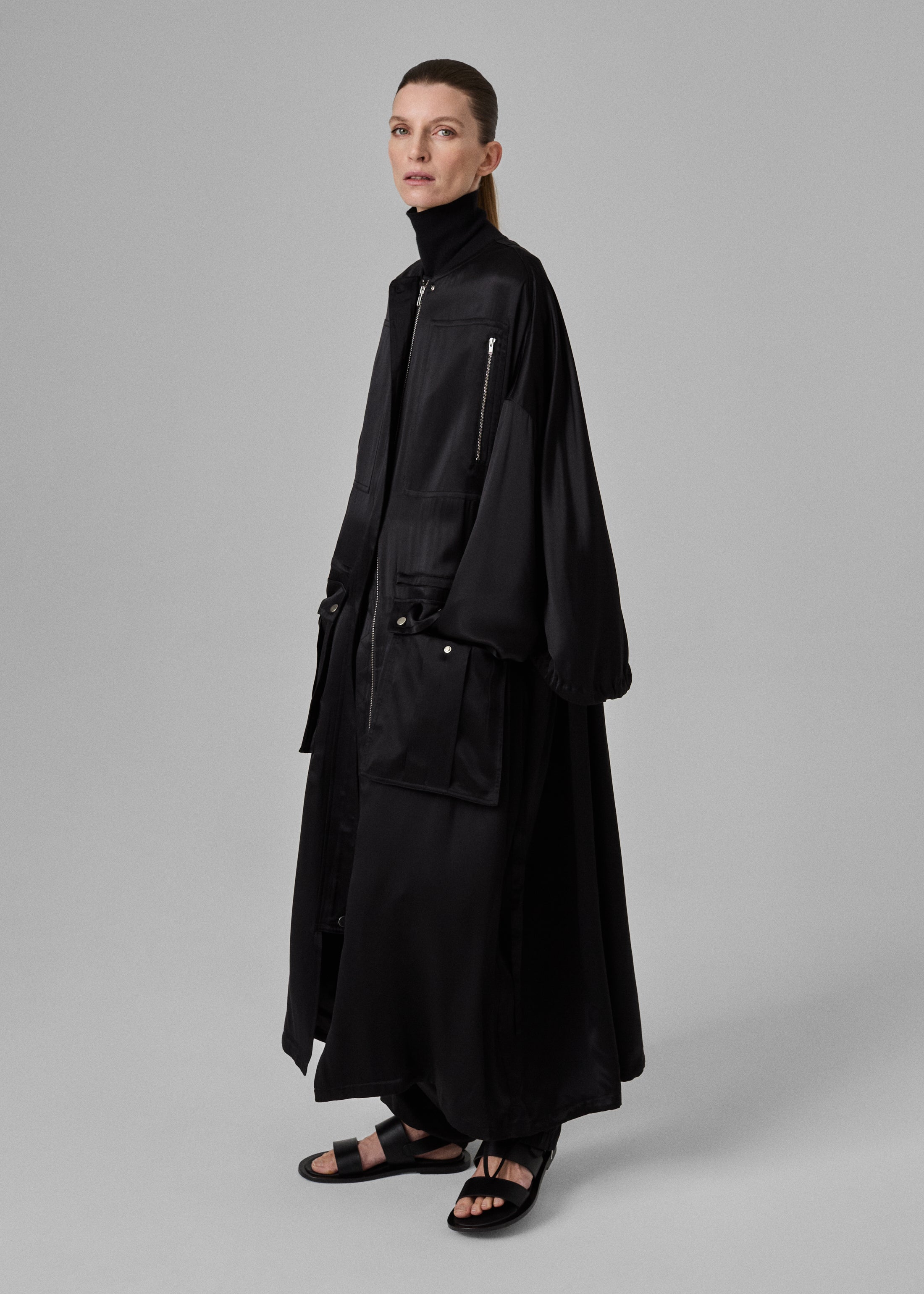 Utility Dust Coat in Silk Charmeuse - Black