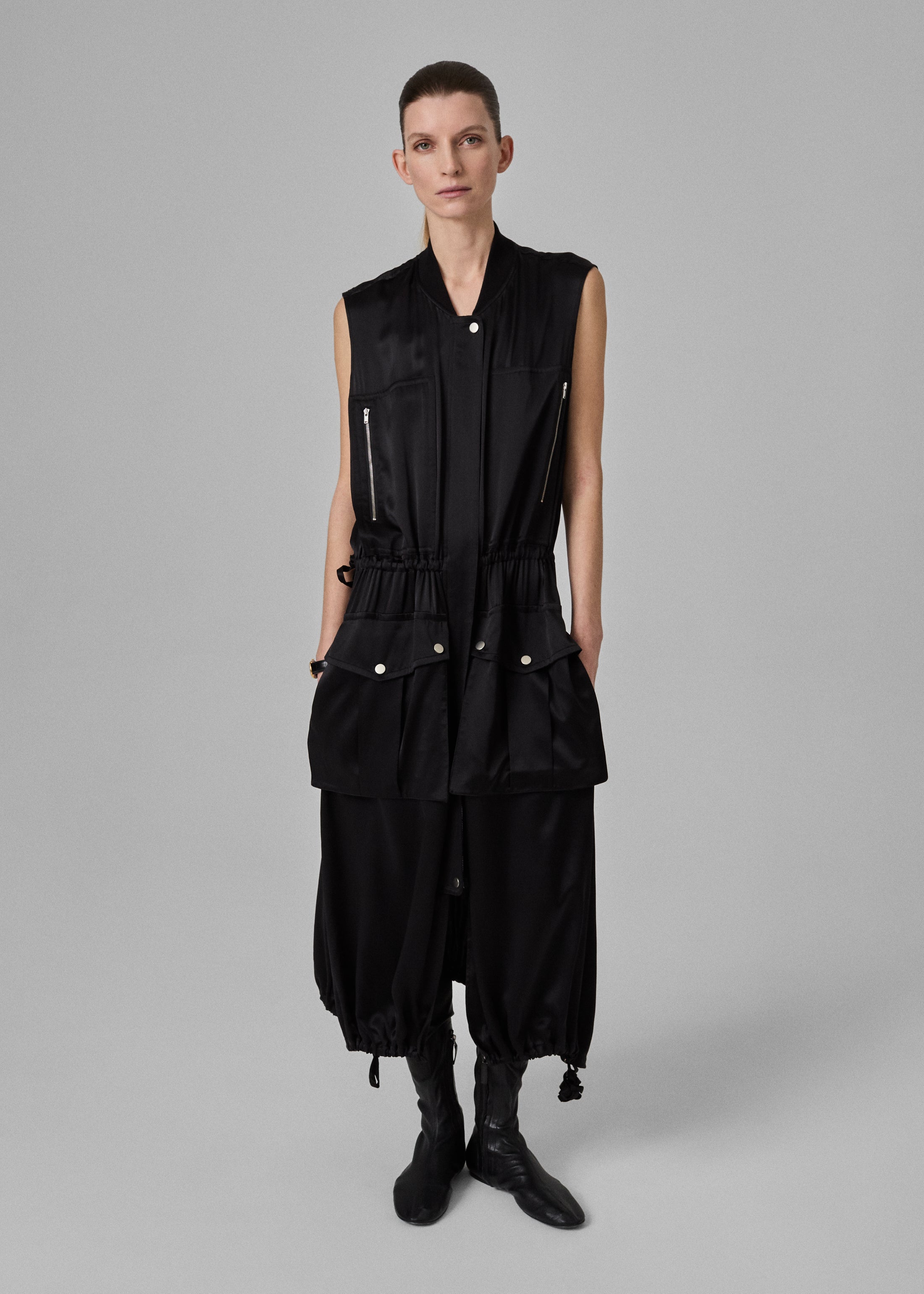 Sleeveless Cargo Dress in Silk Charmeuse - Black