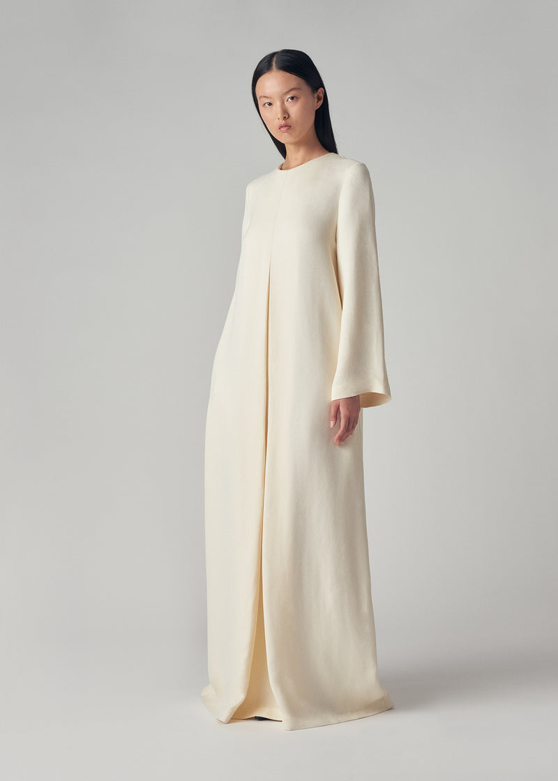 Long Sleeve Column Dress in Textured Crepe - Ivory - CO