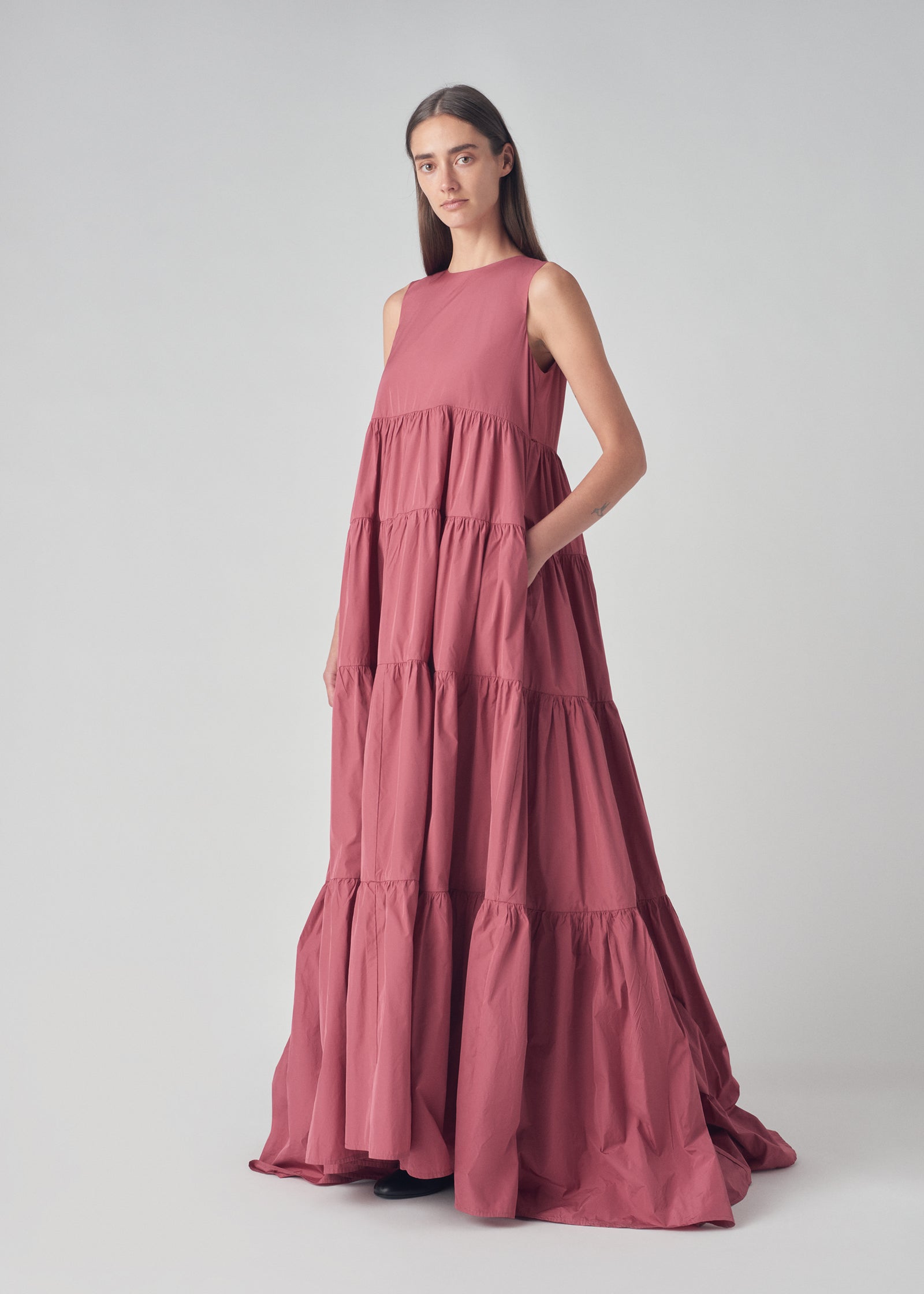 Tiered Long Dress in Taffeta - Rose - CO Collections