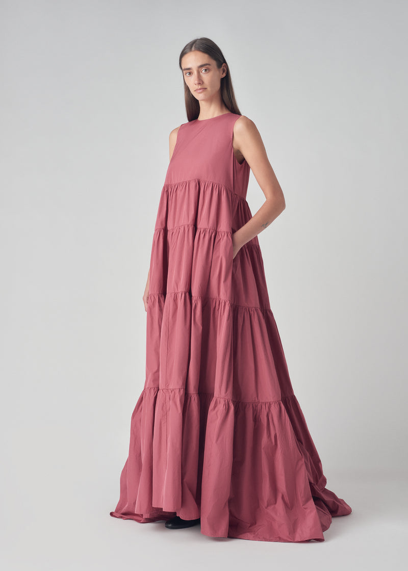 Tiered Long Dress in Taffeta - Rose - CO