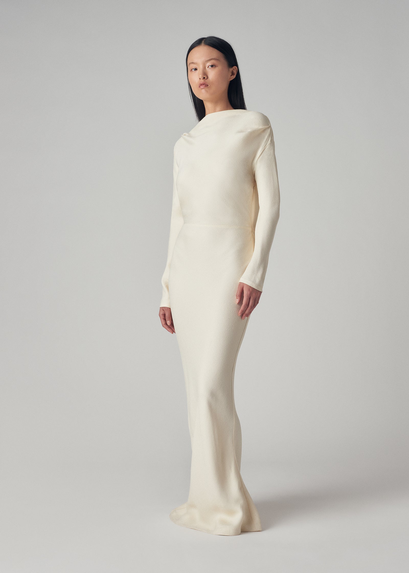 Cowl Back Long Dress in Viscose Crepe - Ivory - CO Collections