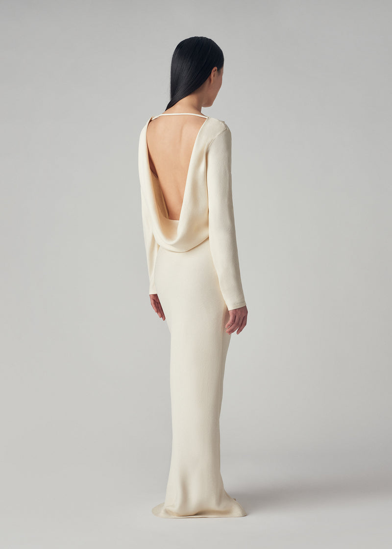 Cowl Back Long Dress in Viscose Crepe - Ivory - CO