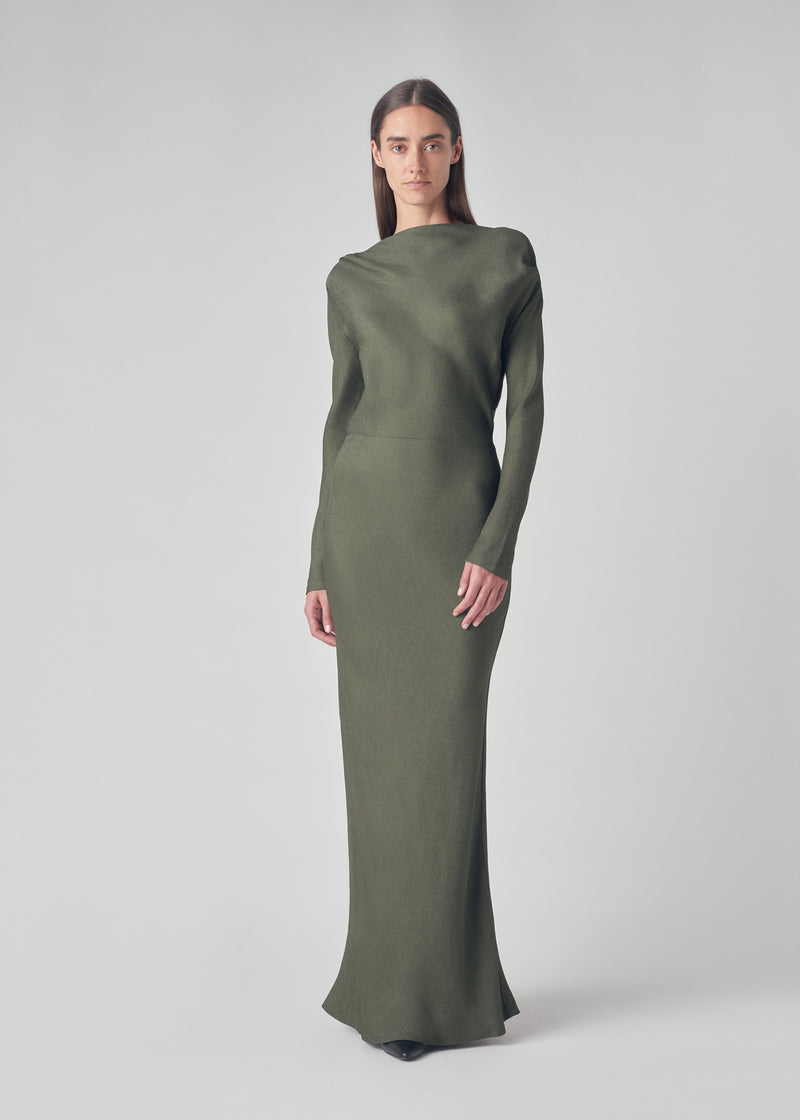 Cowl Back Long Dress  in Viscose Crepe - Green - CO