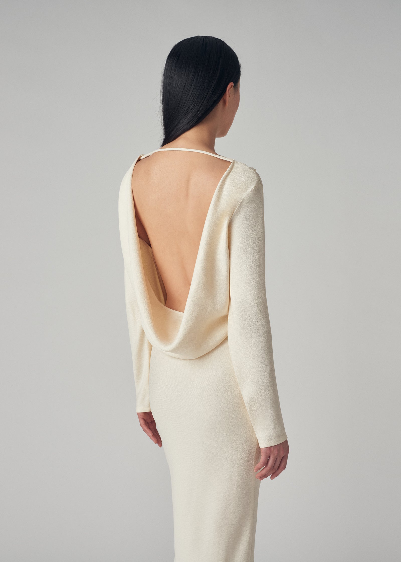 Cowl Back Long Dress in Viscose Crepe - Ivory - CO Collections