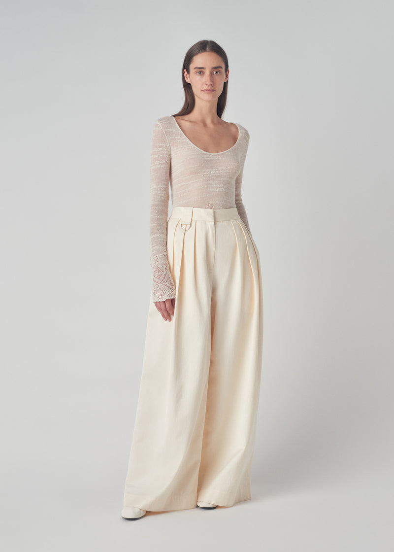 Open Weave Scoop Neck Knit Top in Wool - Ivory - CO