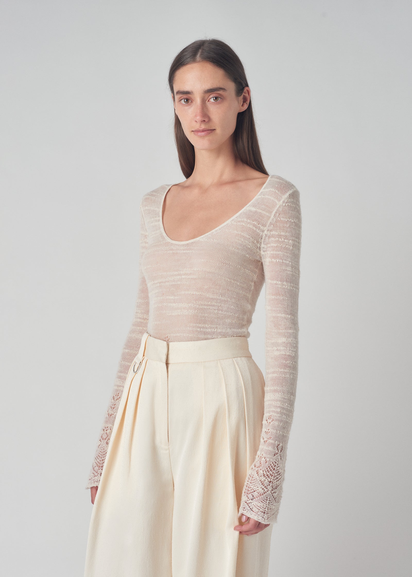 Open Weave Scoop Neck Knit Top in Wool - Ivory - CO Collections