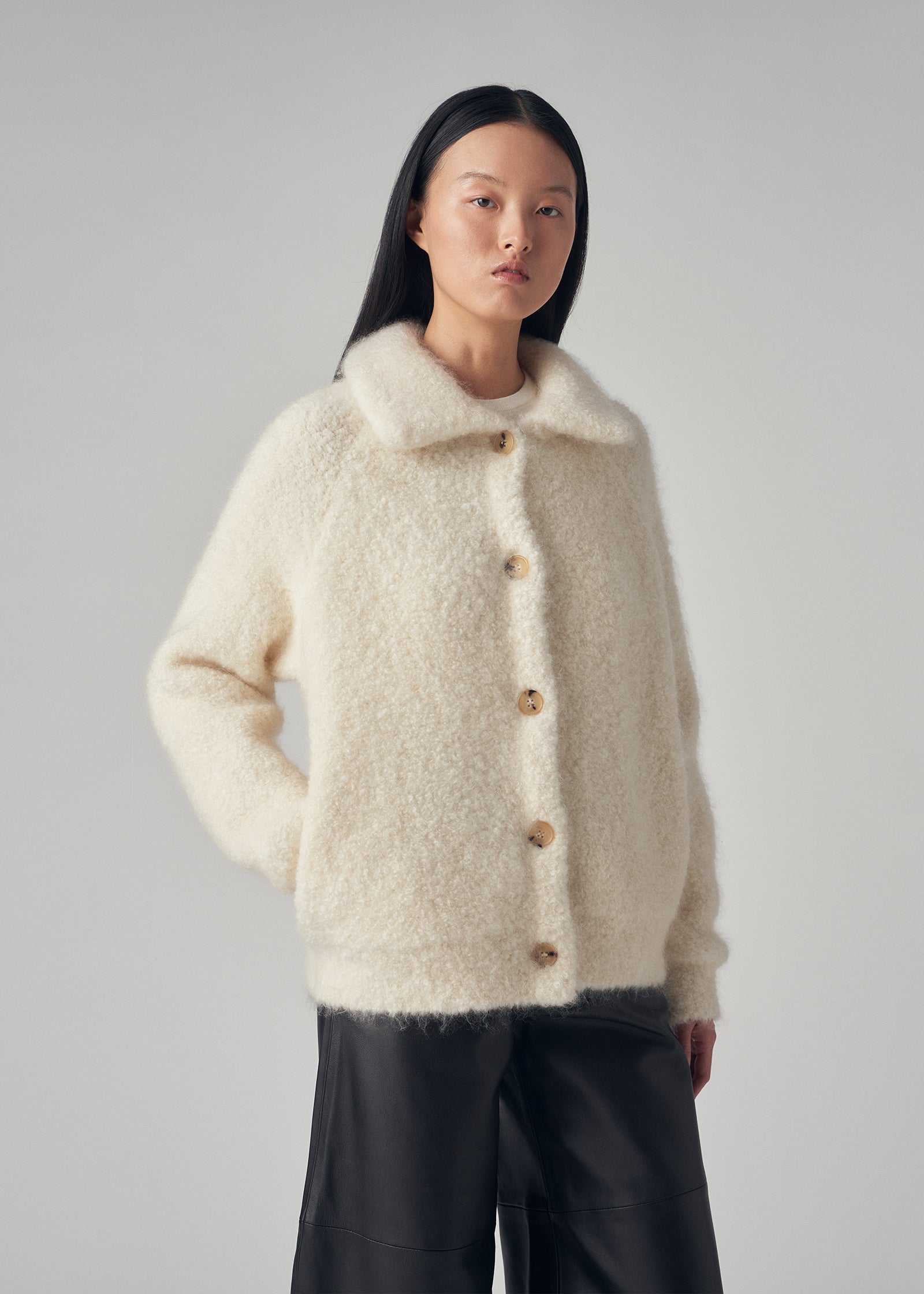 Bouclé Cardigan in Mohair Wool - Ivory - CO Collections