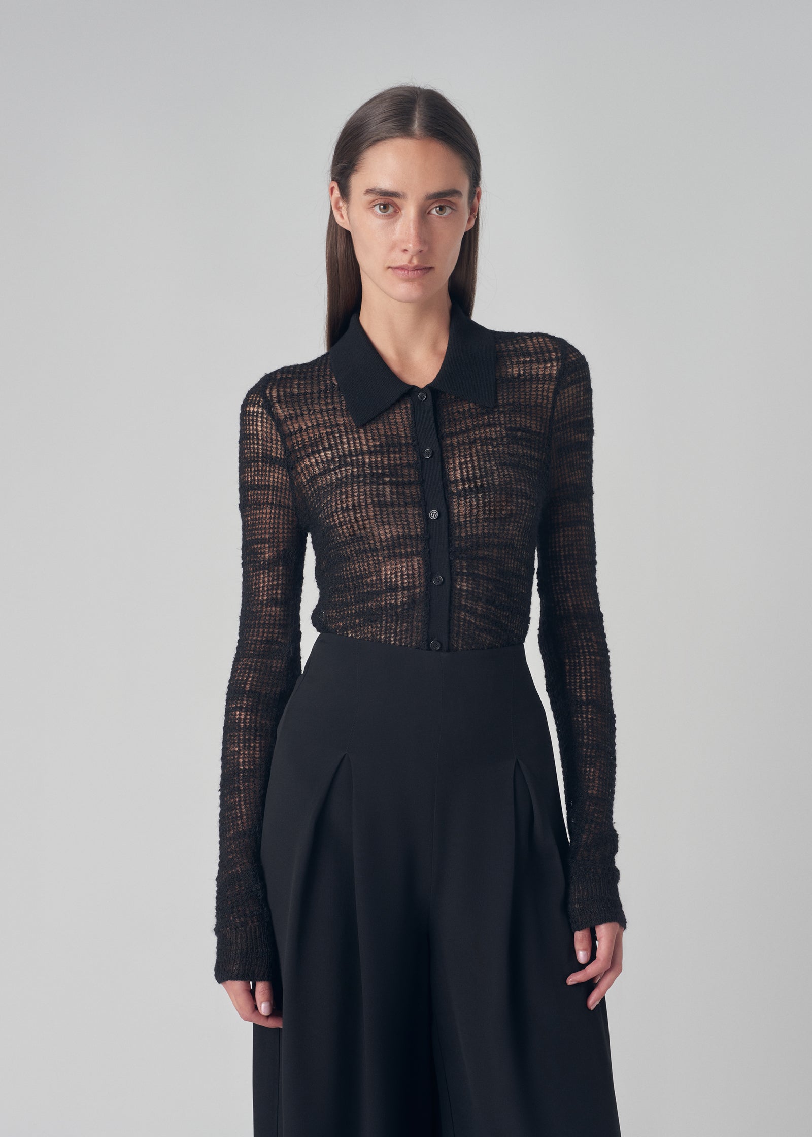 Open Weave Button Down Knit Top in Wool - Black - CO Collections