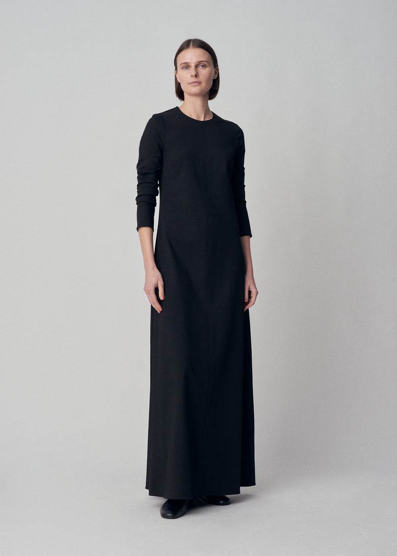 Long Sleeve Column Dress in Virgin Wool - Black - CO