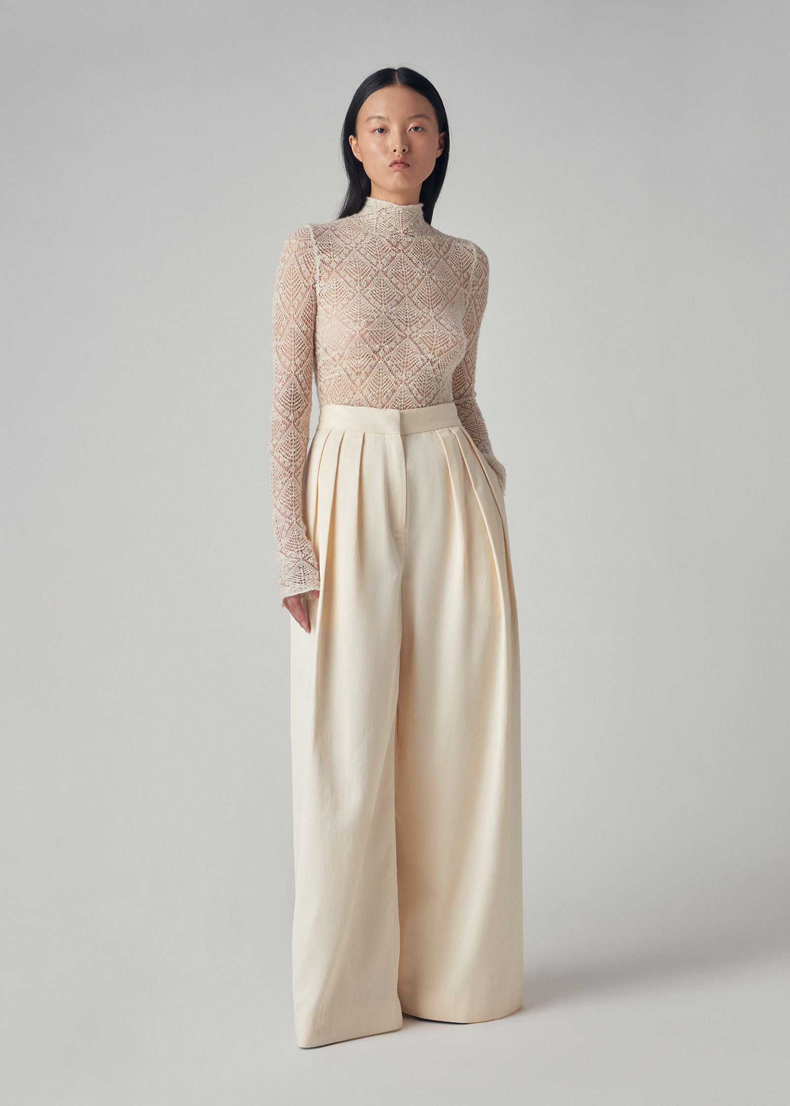 Wide Leg Trouser in Textured Twill - Ivory - CO Collections