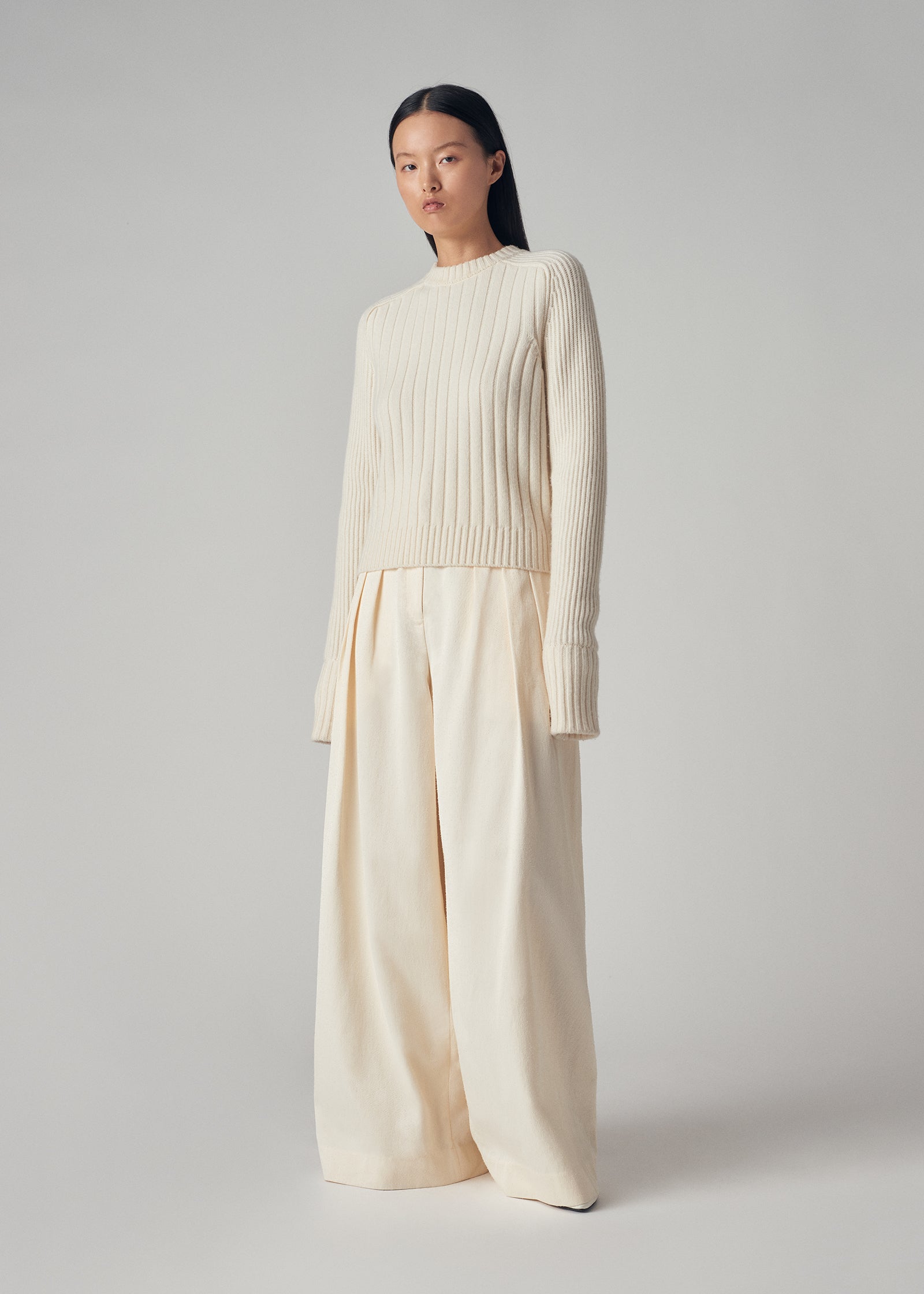 Crew Neck Sweater in Wool Cashmere - Ivory - CO Collections