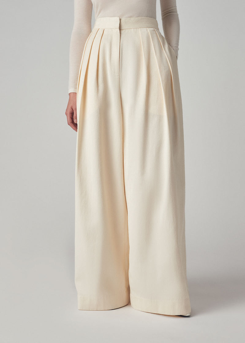 Wide Leg Trouser in Textured Twill - Ivory - CO