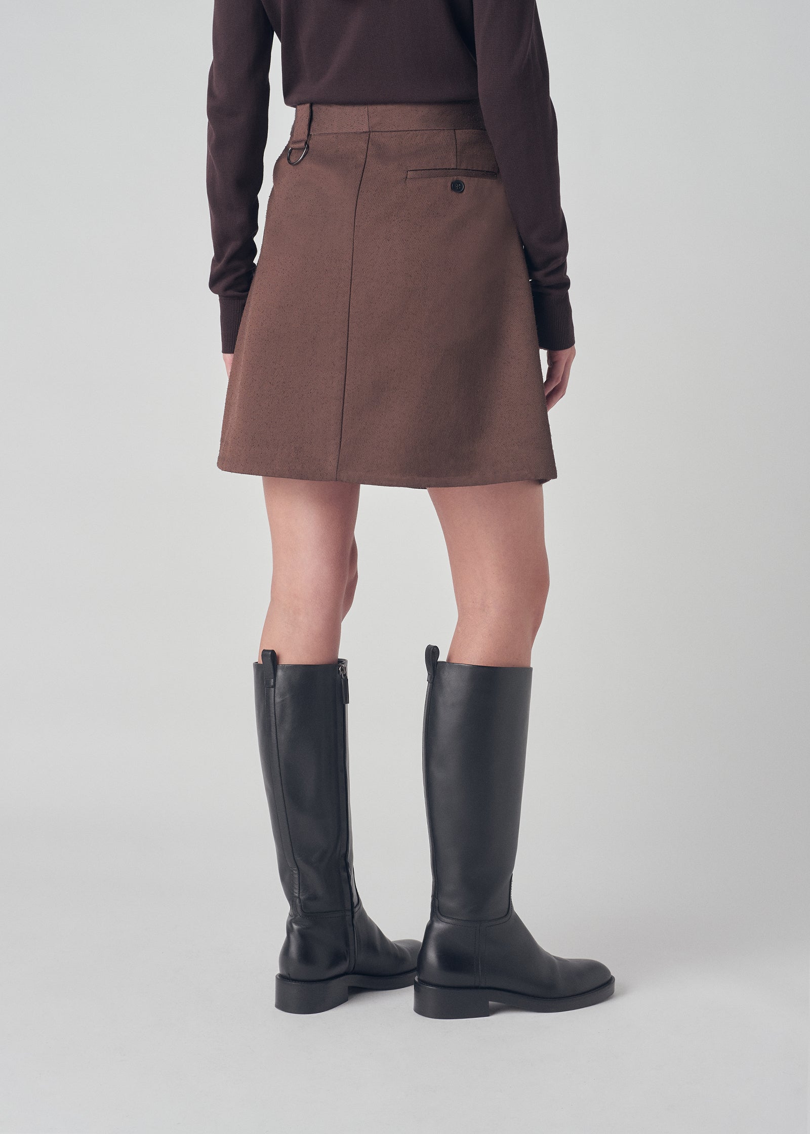 Box Pleat Mini Skirt in Cotton Twill - Dark Brown - CO Collections
