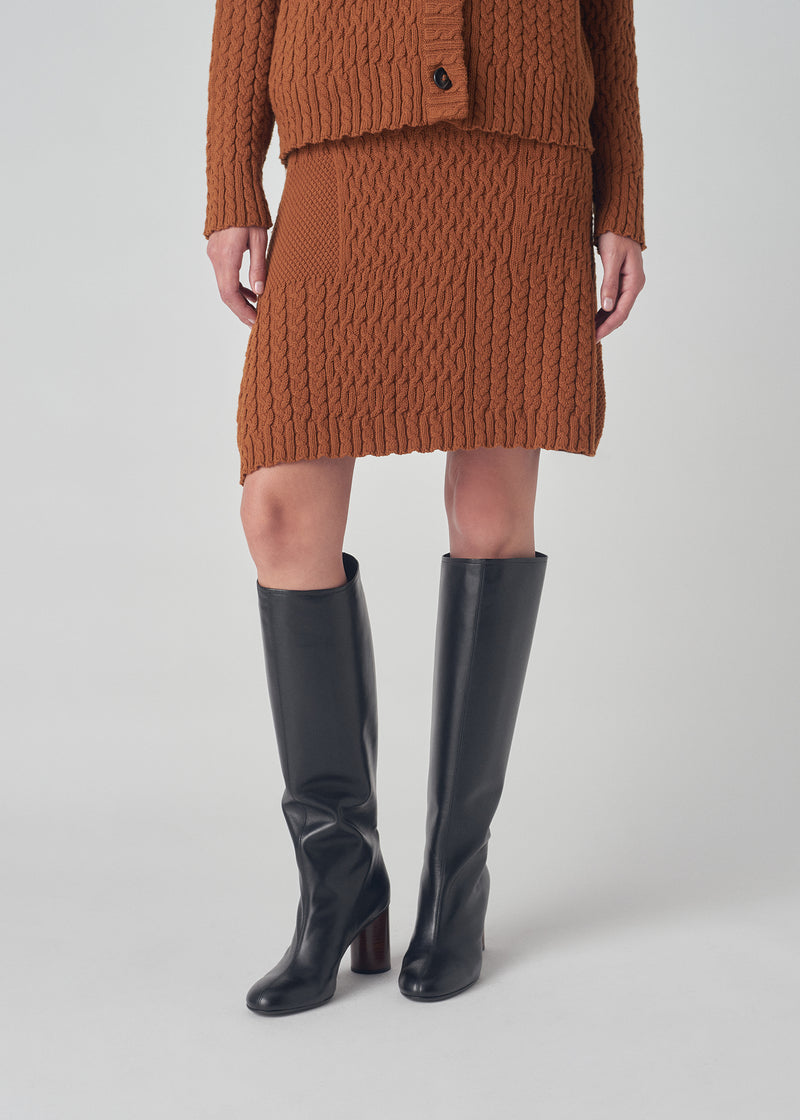Patchwork Cable Knit Skirt in Cotton - Chestnut - CO