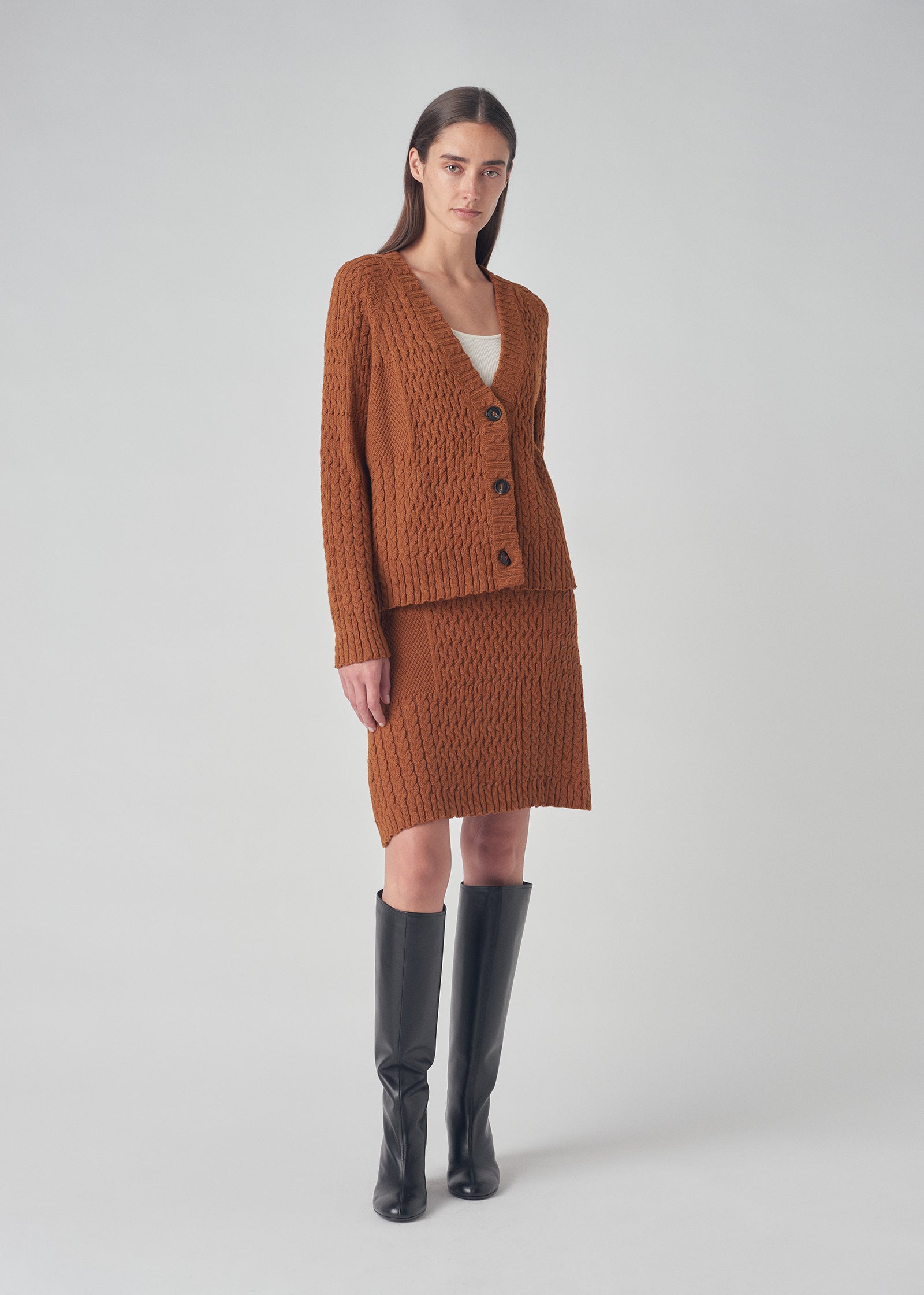 Patchwork Cable Knit Skirt in Cotton - Chestnut - CO Collections