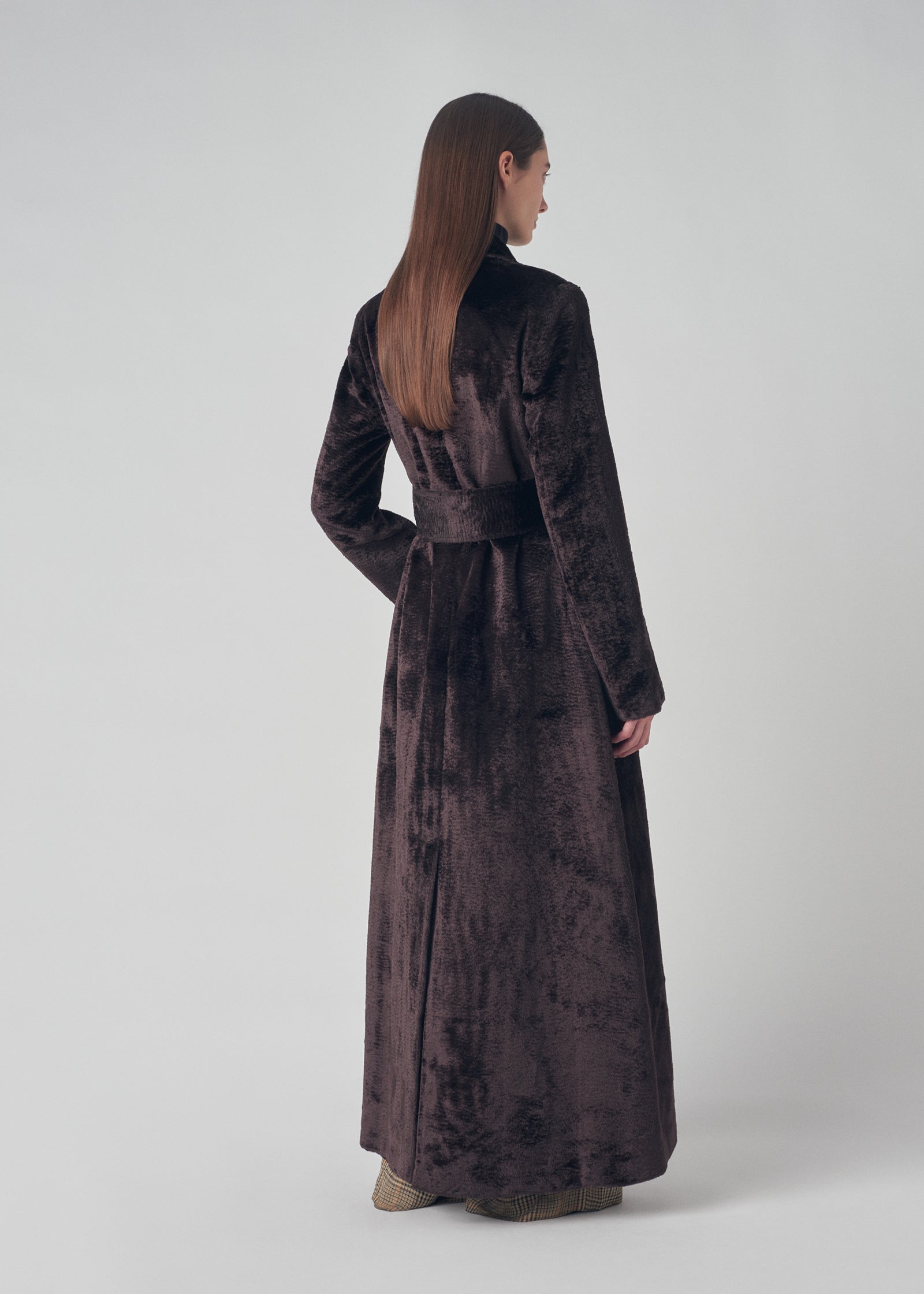 A-Line Belted Long Coat in Faux Astrakhan - Dark Brown - CO Collections