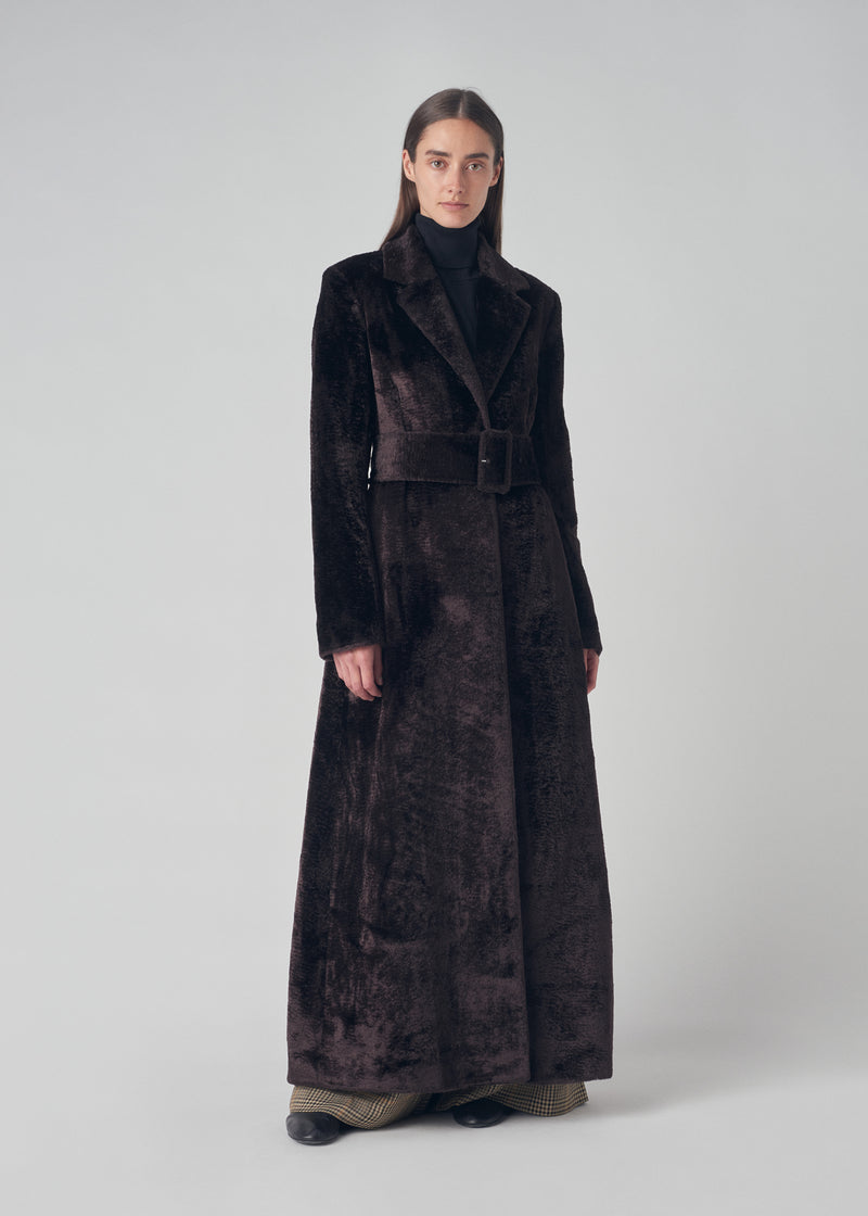 A-Lined Belted Long Coat in Faux Astrakhan- Dark Brown - CO