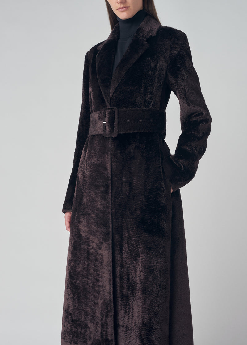 A-Line Belted Long Coat in Faux Astrakhan - Dark Brown - CO