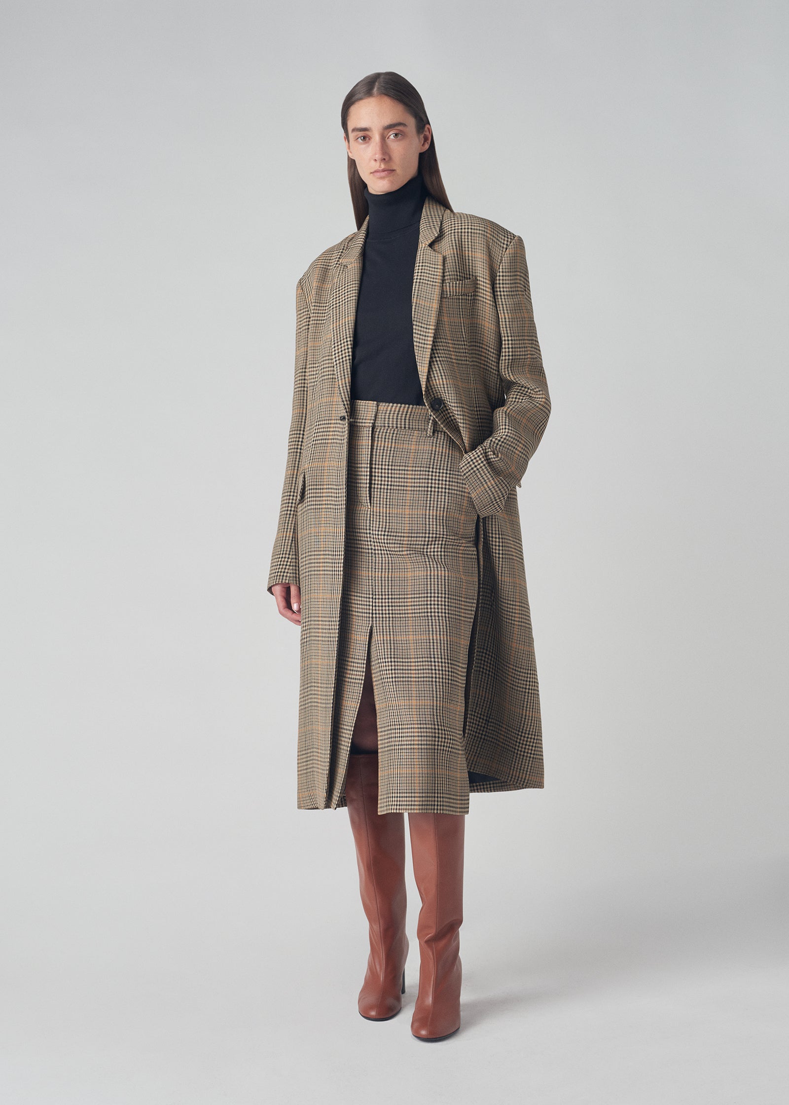 Midi Pencil Skirt in Lightweight Tweed - Brown Plaid - CO Collections