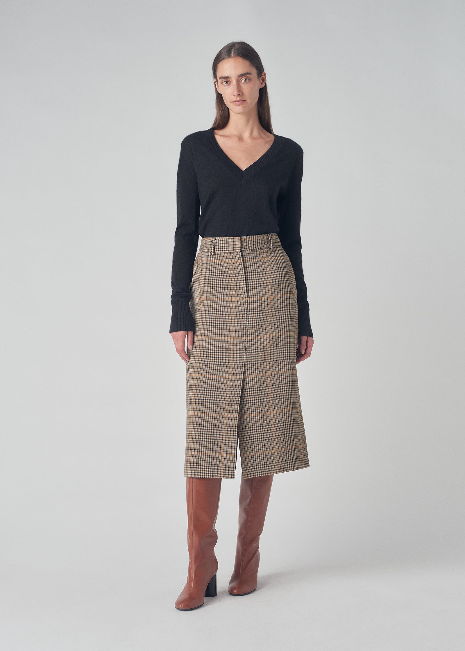 Midi Pencil Skirt in Lightweight Tweed - Brown Plaid - CO Collections