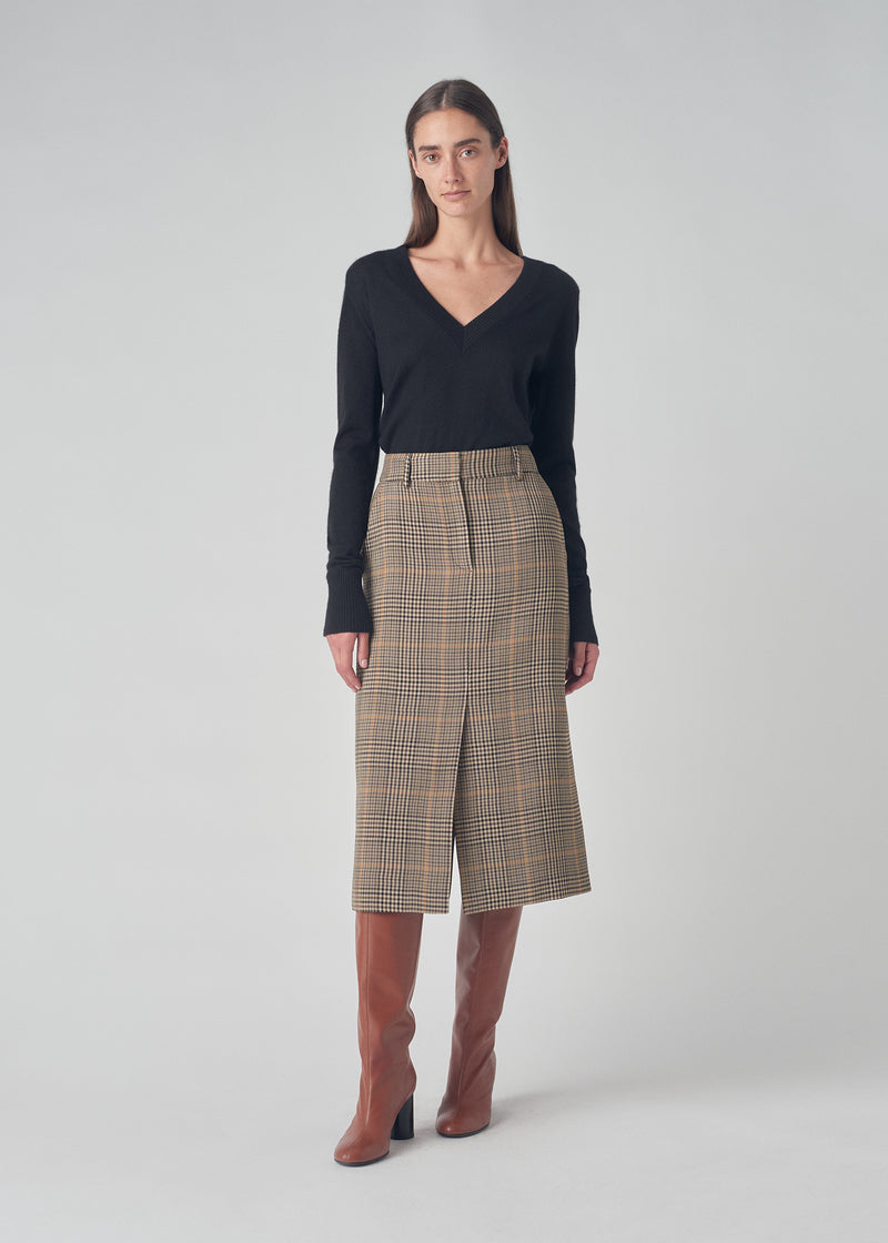 Midi Pencil Skirt in Lightweight Tweed - Brown Plaid - CO