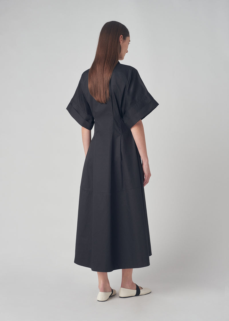 Short Sleeve Midi  Dress in Cotton Poplin - Black - CO