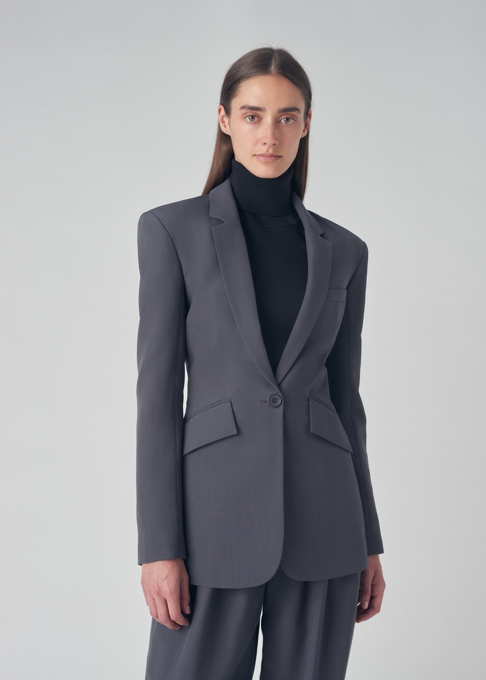 Waisted Office Blazer in Gabardine - Charcoal - CO Collections