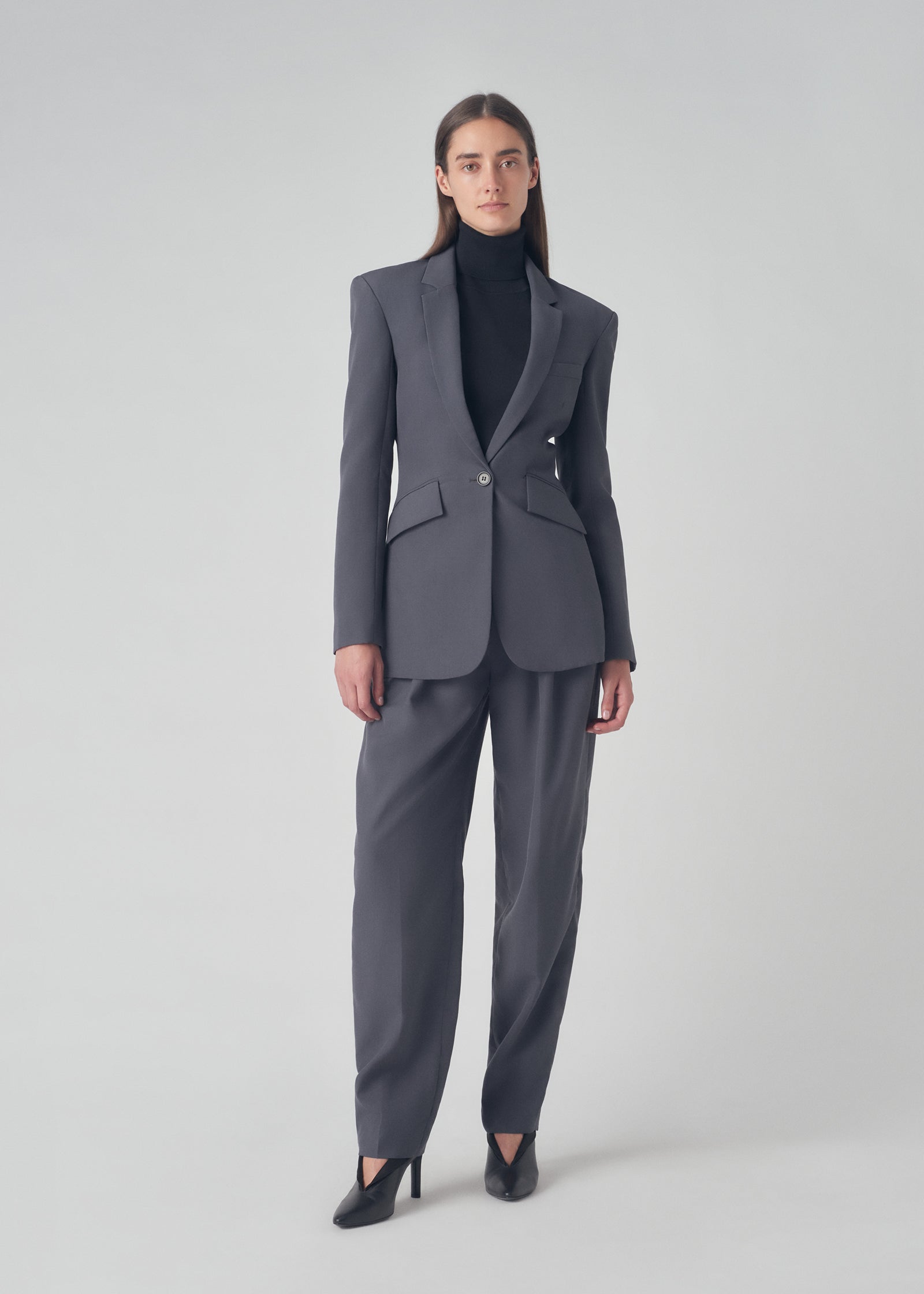 Waisted Office Blazer in Gabardine - Charcoal - CO Collections