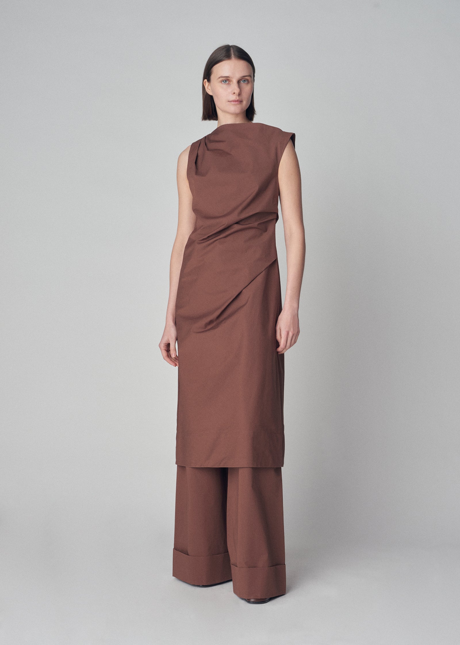 Midi Sheath Dress in Cotton Silk Poplin - Brown - CO Collections