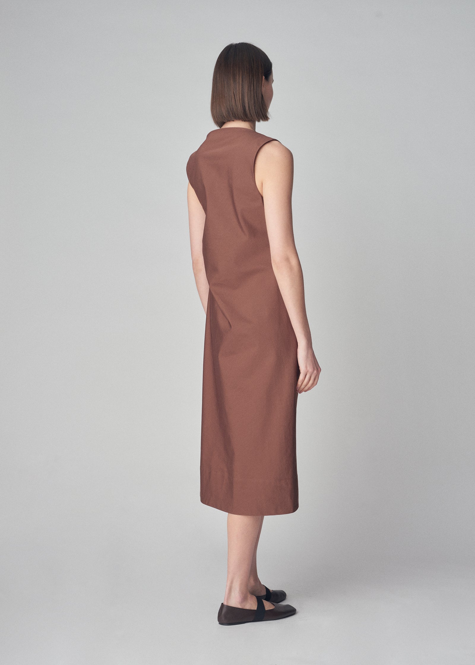 Midi Sheath Dress in Cotton Silk Poplin - Brown - CO Collections