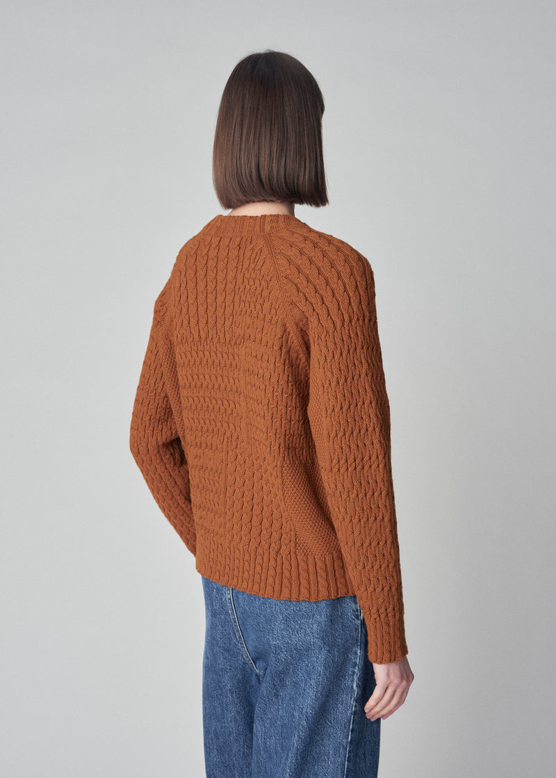 Patchwork Cable Cardigan in Cotton Knit - Chestnut - CO