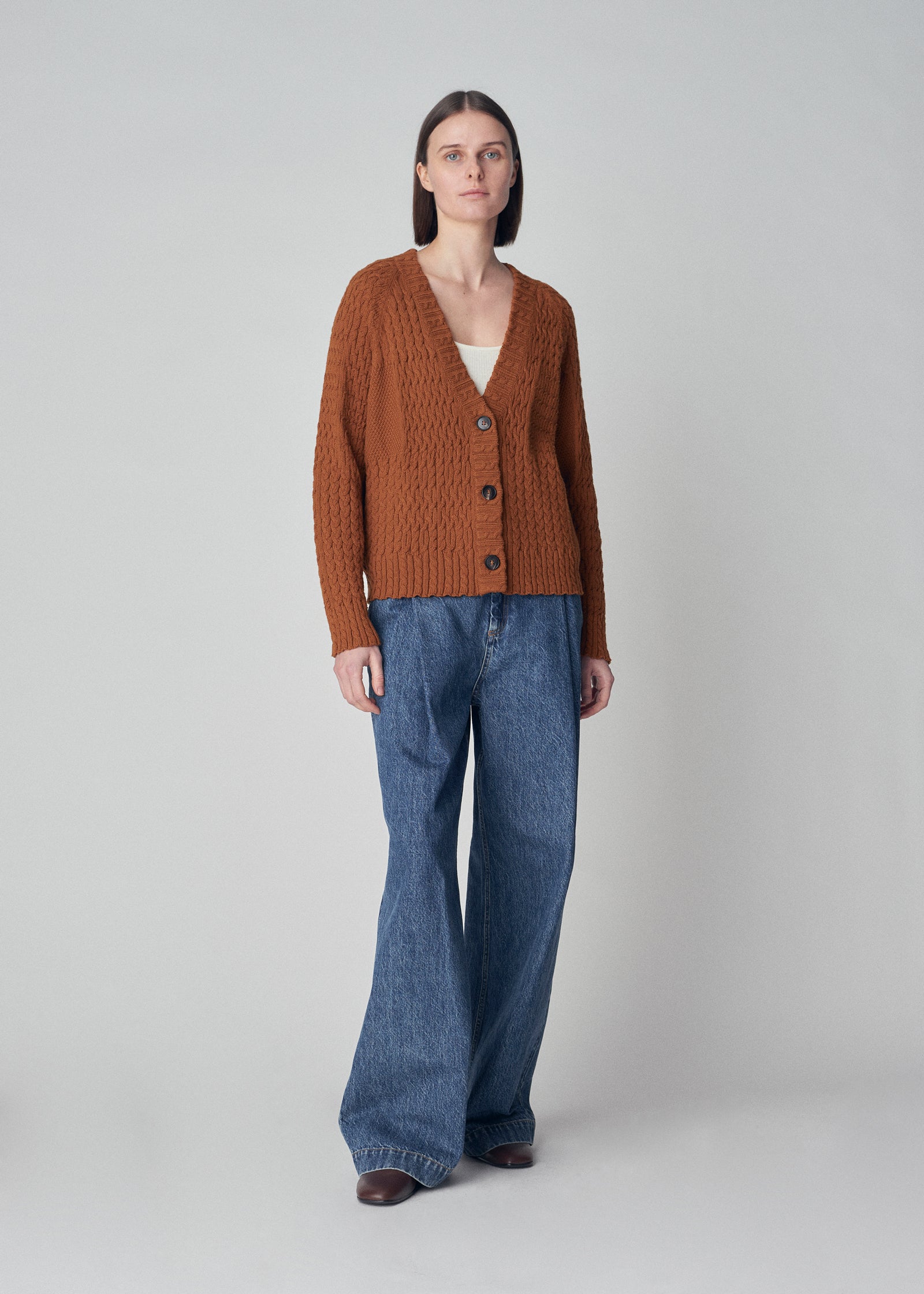 Patchwork Cable Cardigan in Cotton Knit - Chestnut - CO Collections