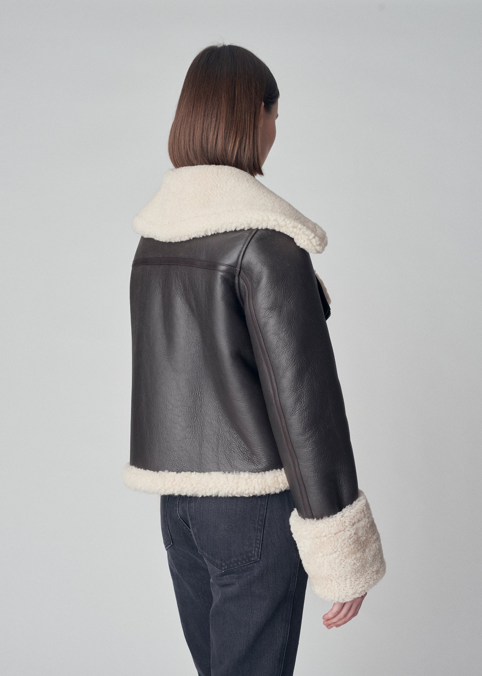 Cropped Moto Jacket in Shearling Leather - Espresso - CO Collections