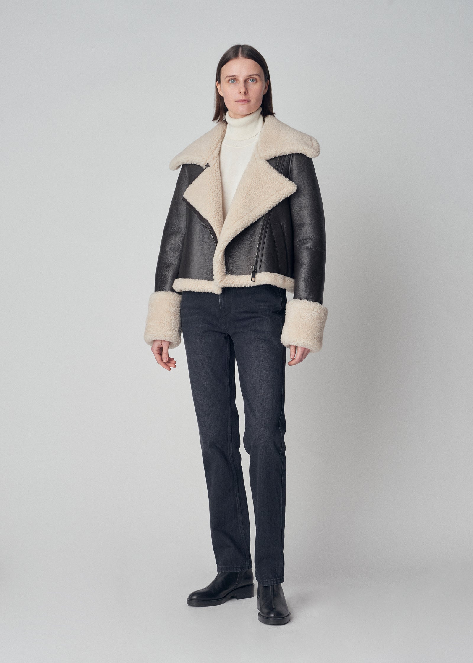 Cropped Moto Jacket in Shearling Leather - Espresso - CO Collections